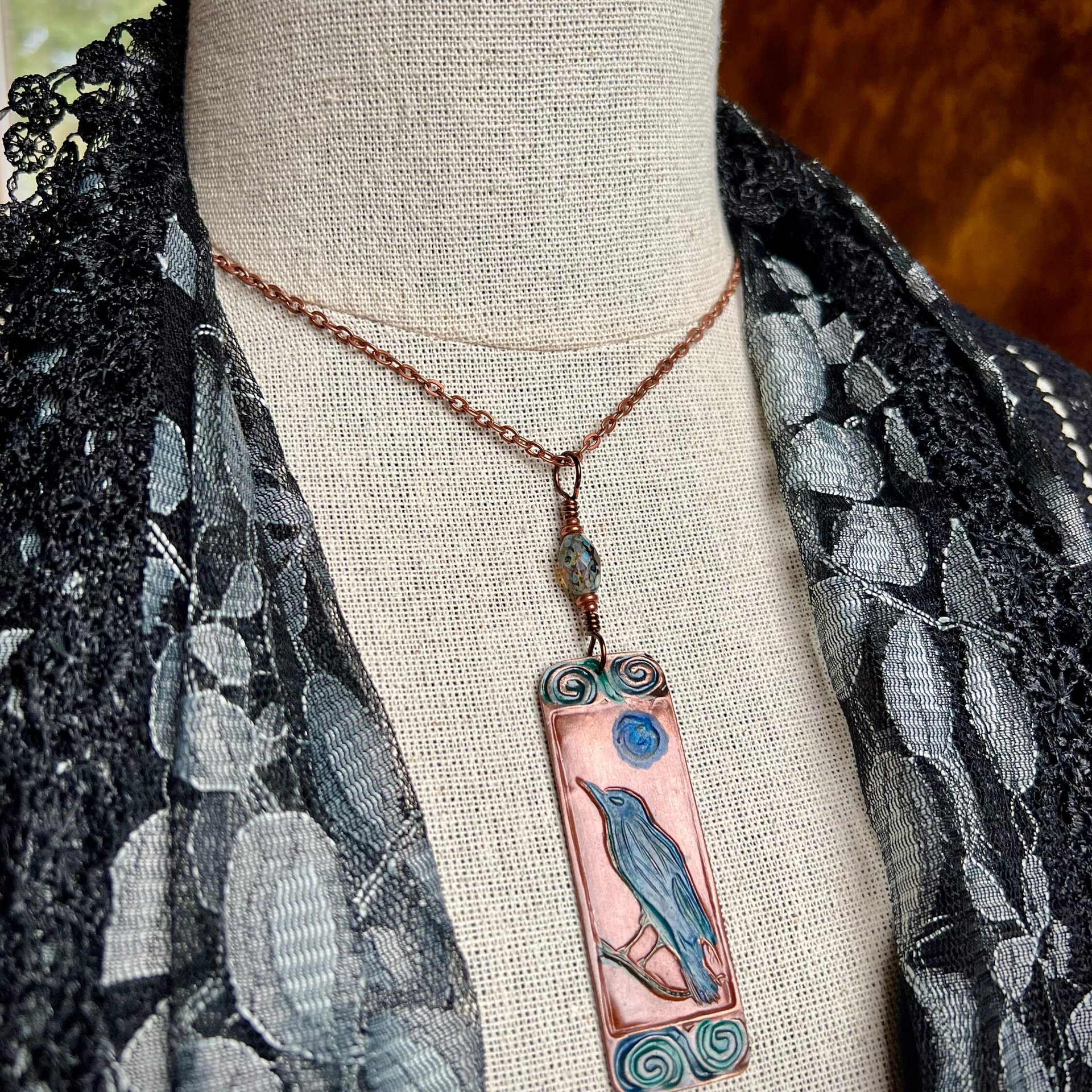 Raven Full Moon, Copper Pendant, Celtic Spirals, Colorful Patina, Czech Glass, Leather & Vegan Cords, Handmade Art Jewelry, Pagan Witch Gift