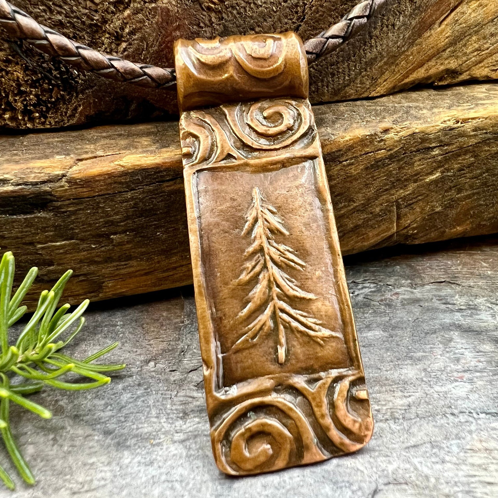 Pine Tree Pendant, Celtic Spirals, Copper Tree Necklace, Evergreen Coniferous Trees, Earthy Rustic Art Jewelry, Hand Carved, Tree of Life