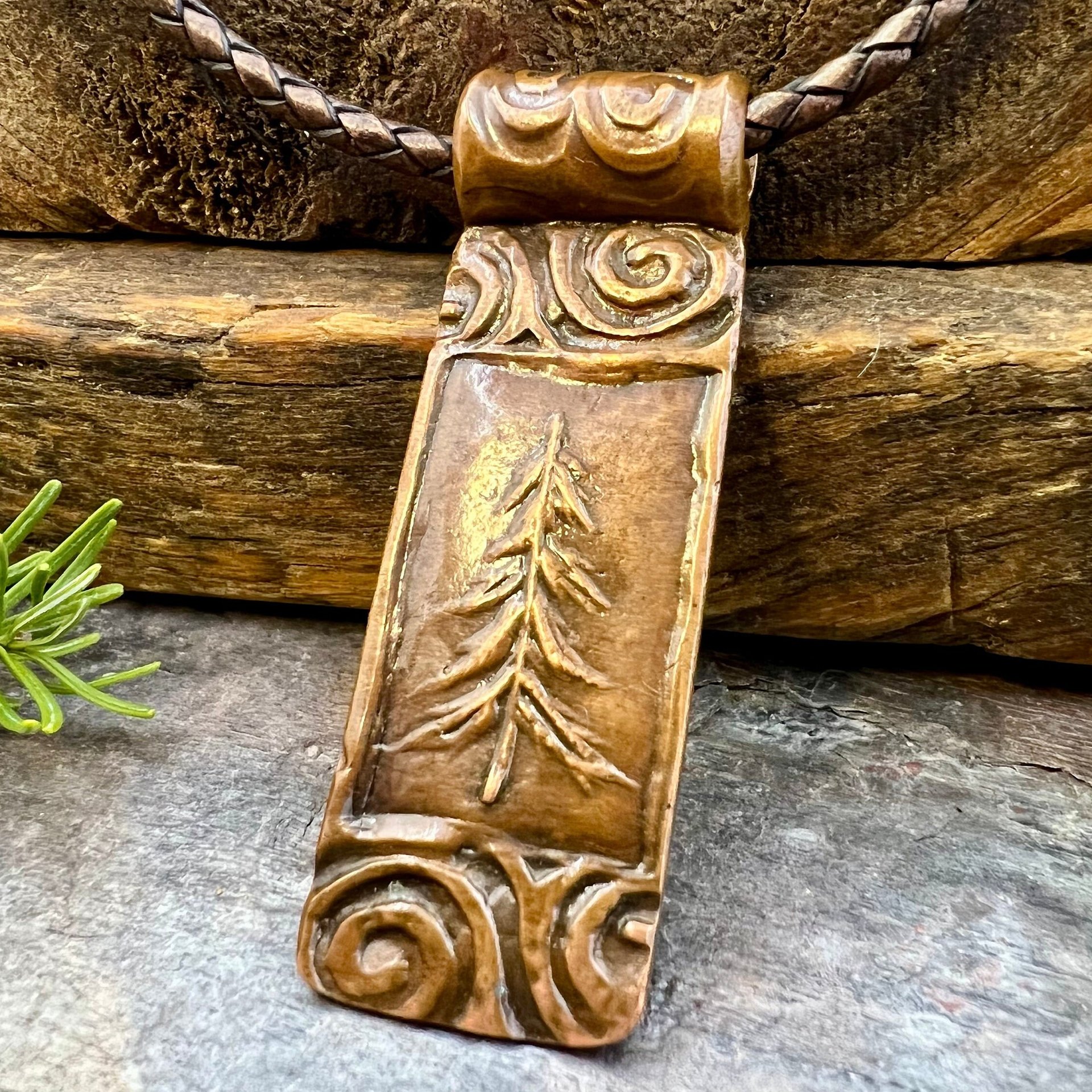 Pine Tree Pendant, Celtic Spirals, Copper Tree Necklace, Evergreen Coniferous Trees, Earthy Rustic Art Jewelry, Hand Carved, Tree of Life