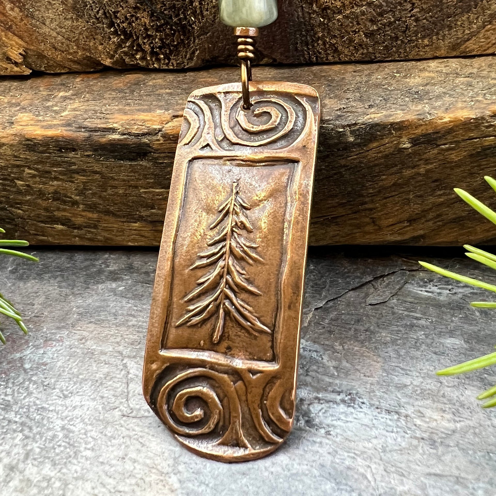Pine Tree, Copper Pendant, Celtic Spirals, Connemara Marble, Evergreen Trees, Earthy Rustic Art Jewelry, Hand Carved, Tree of Life, Pagan