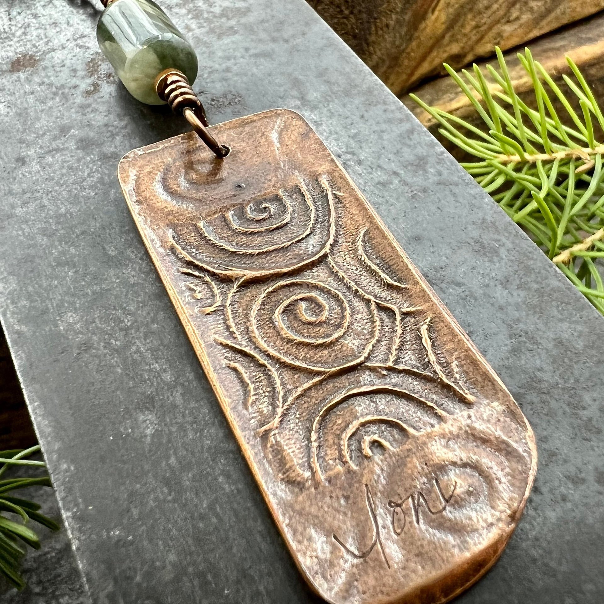 Pine Tree, Copper Pendant, Celtic Spirals, Connemara Marble, Evergreen Trees, Earthy Rustic Art Jewelry, Hand Carved, Tree of Life, Pagan