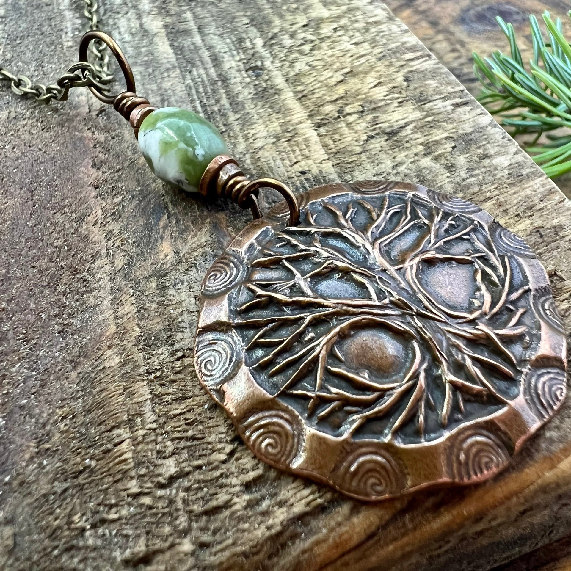 Celtic Tree of Life, Copper Pendant, Connemara Marble, Irish Celtic Jewelry, Crann Bethadh, 7th Wedding Anniversary, Hand Carved Art Jewelry