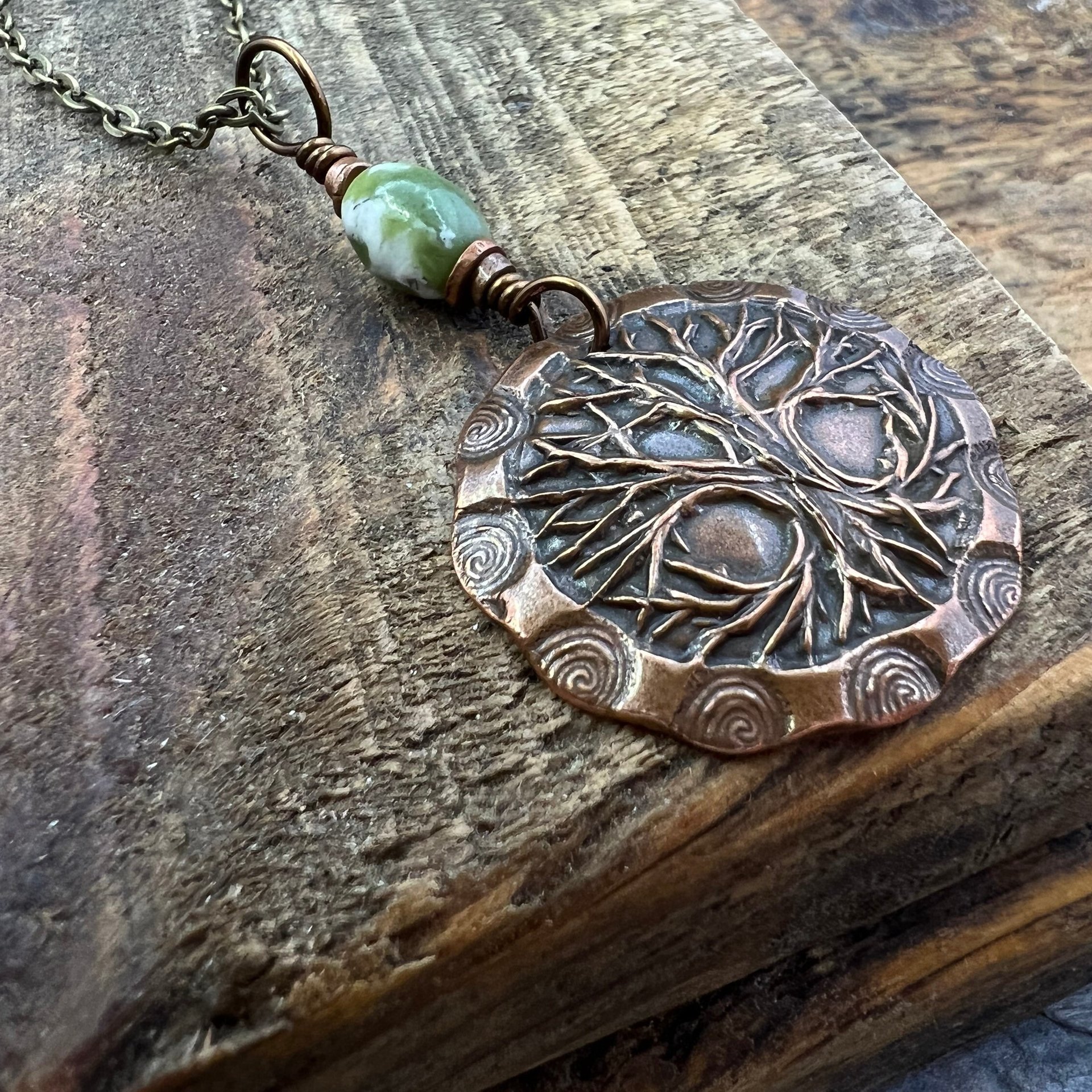 Celtic Tree of Life, Copper Pendant, Connemara Marble, Irish Celtic Jewelry, Crann Bethadh, 7th Wedding Anniversary, Hand Carved Art Jewelry
