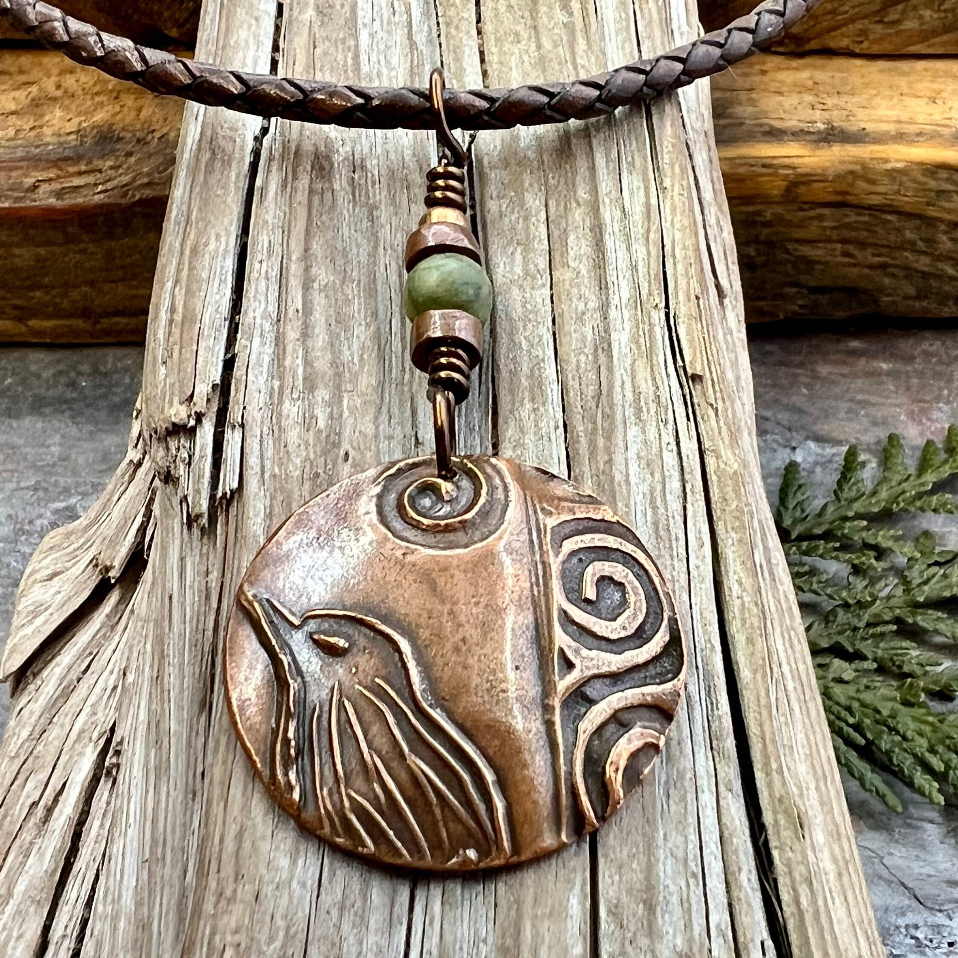 Copper Raven Pendant, Irish Celtic Jewelry, Connemara Marble, Pagan Wicca Necklace, Witch Necklace, Raven Moon, Anniversary Gifts, Spirals