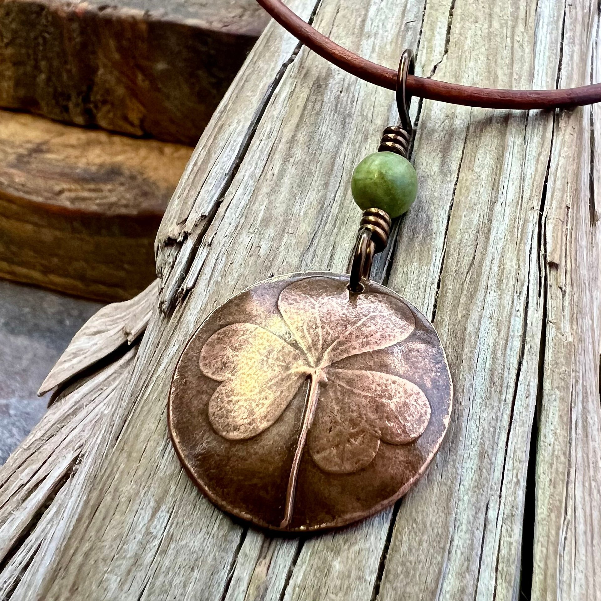 Shamrock Copper Pendant, Connemara Marble Necklace, Irish Celtic Spirals, Irish Clover, Leather Vegan Cords, Handmade in Door County WI