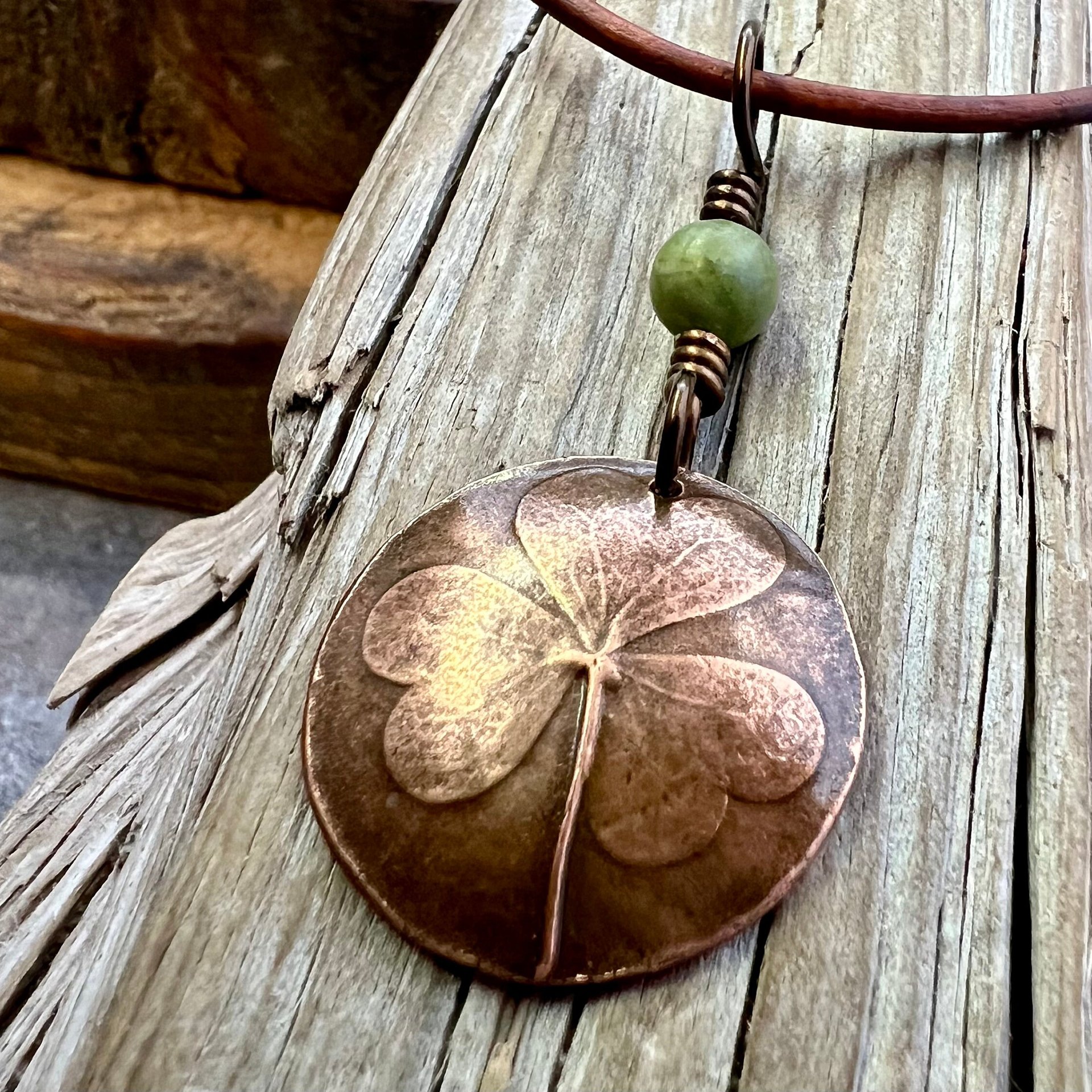 Shamrock Copper Pendant, Connemara Marble Necklace, Irish Celtic Spirals, Irish Clover, Leather Vegan Cords, Handmade in Door County WI