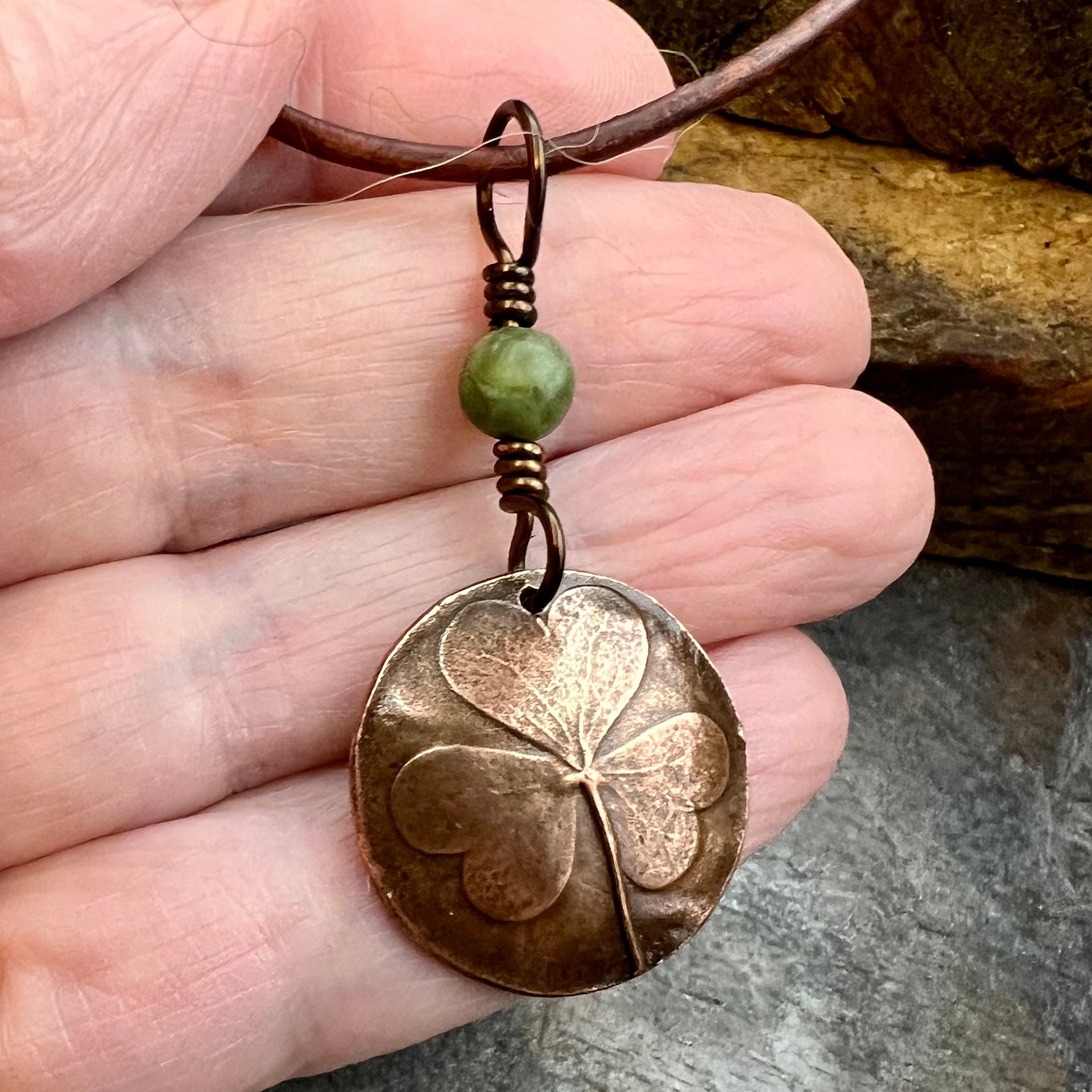 Shamrock Copper Pendant, Connemara Marble Necklace, Irish Celtic Spirals, Irish Clover, Leather Vegan Cords, Handmade in Door County WI