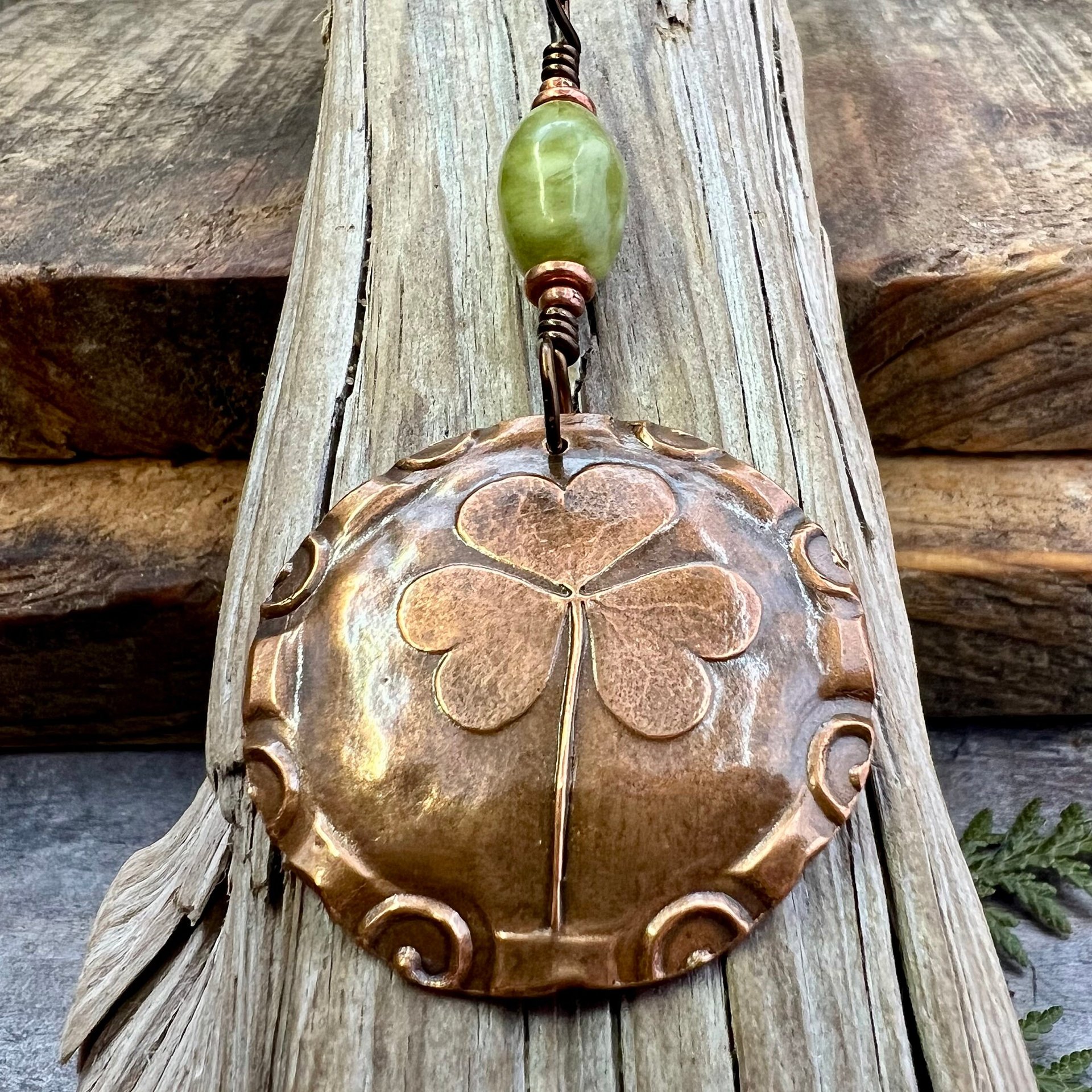 Shamrock Pendant, Connemara Marble Necklace, Irish Celtic Spirals, Copper 7th Anniversary, Irish Clover, Leather Vegan Cords, Heart Love