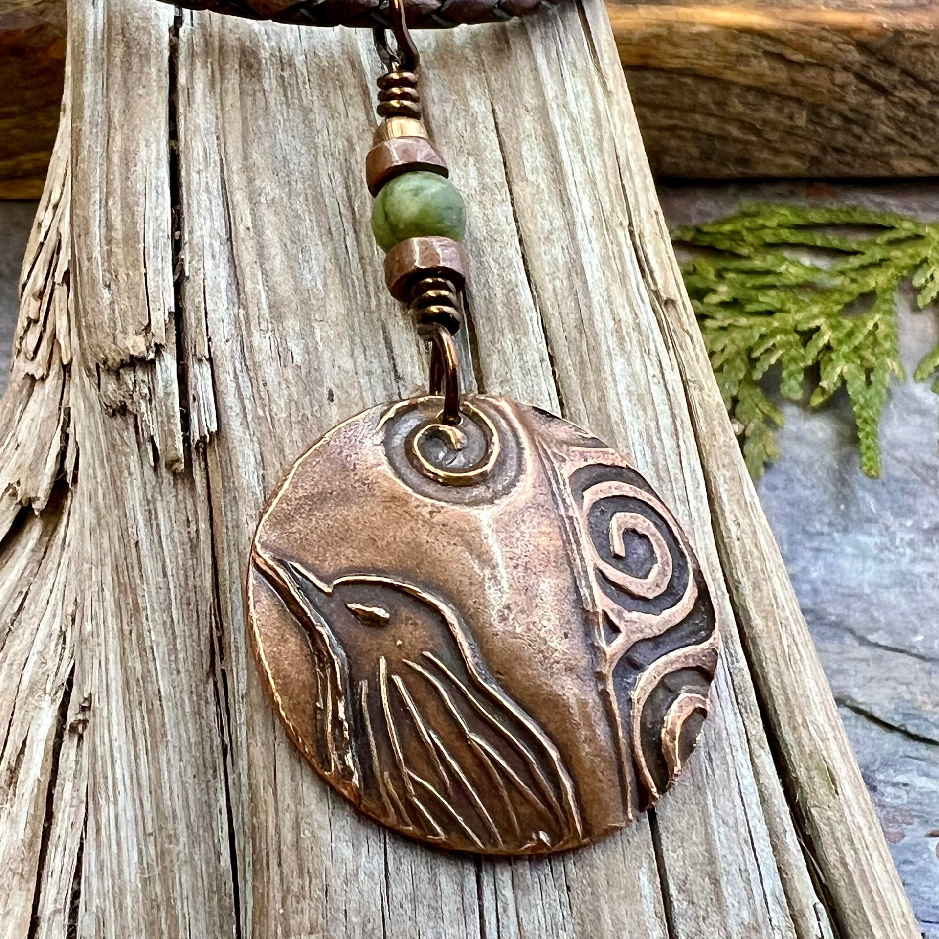 Copper Raven Pendant, Irish Celtic Jewelry, Connemara Marble, Pagan Wicca Necklace, Witch Necklace, Raven Moon, Anniversary Gifts, Spirals