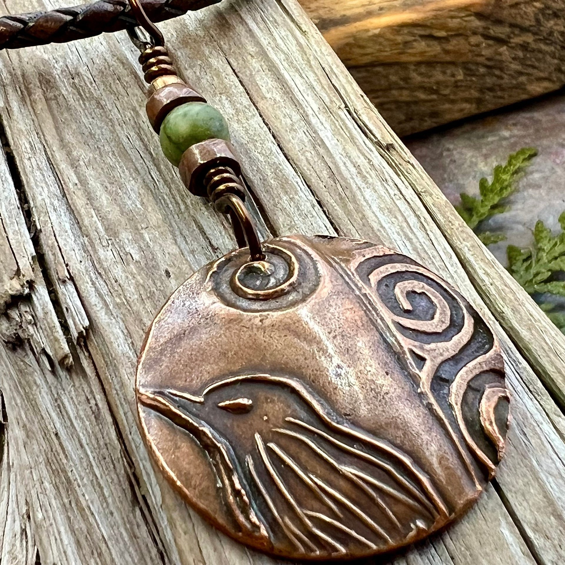 Copper Raven Pendant, Irish Celtic Jewelry, Connemara Marble, Pagan Wicca Necklace, Witch Necklace, Raven Moon, Anniversary Gifts, Spirals