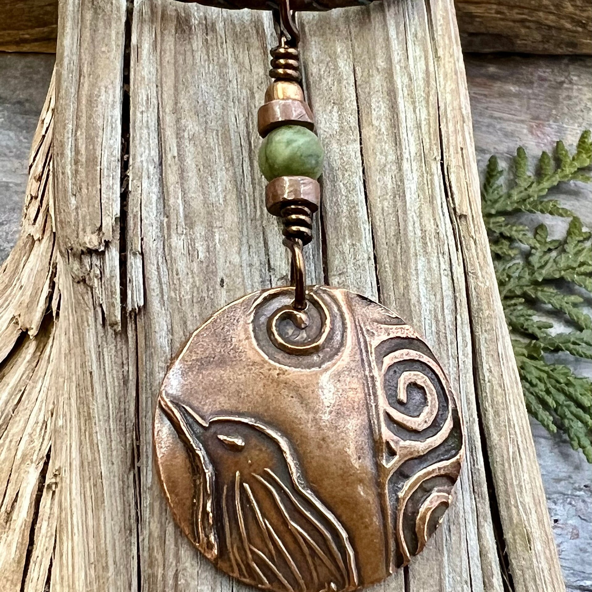 Copper Raven Pendant, Irish Celtic Jewelry, Connemara Marble, Pagan Wicca Necklace, Witch Necklace, Raven Moon, Anniversary Gifts, Spirals