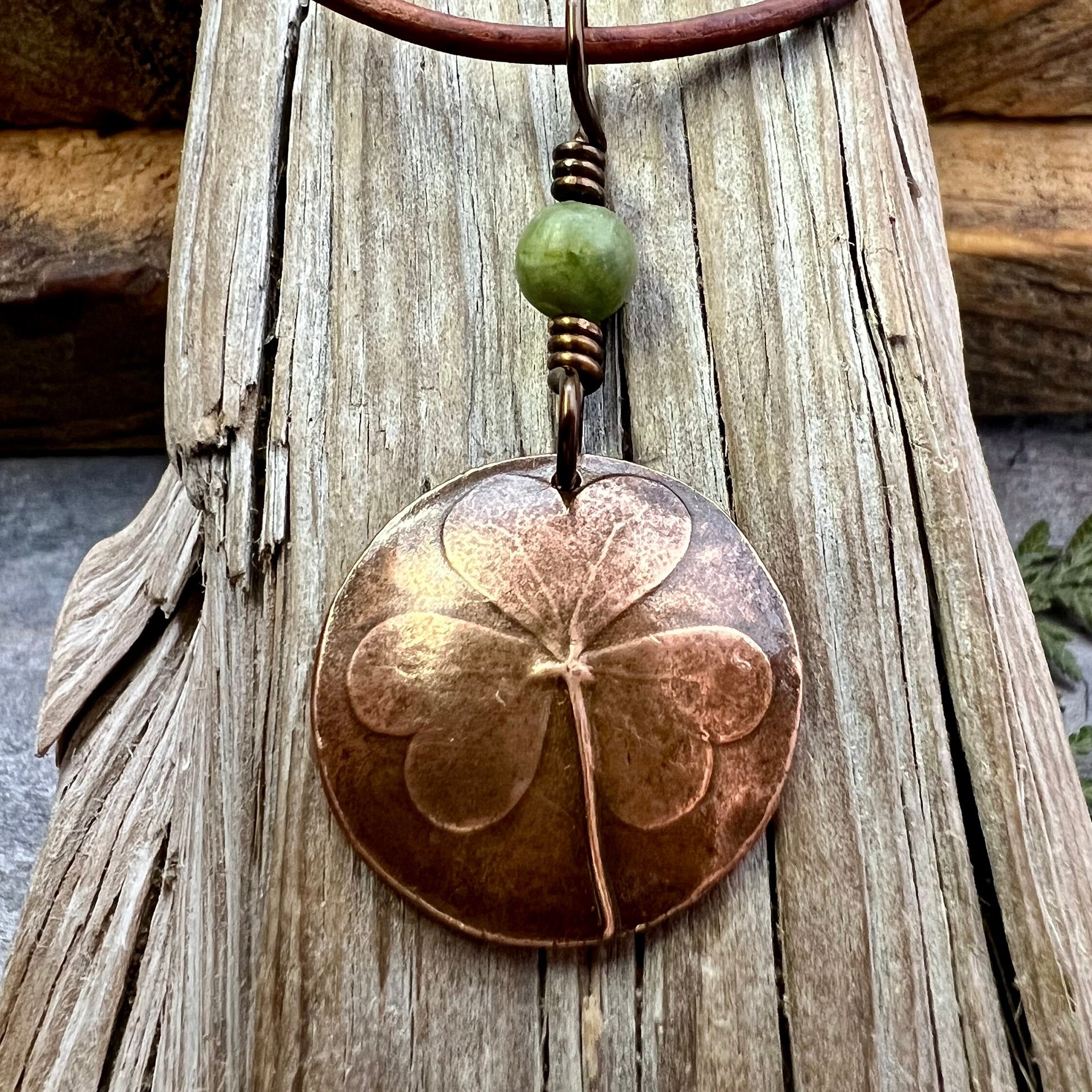 Shamrock Copper Pendant, Connemara Marble Necklace, Irish Celtic Spirals, Irish Clover, Leather Vegan Cords, Handmade in Door County WI