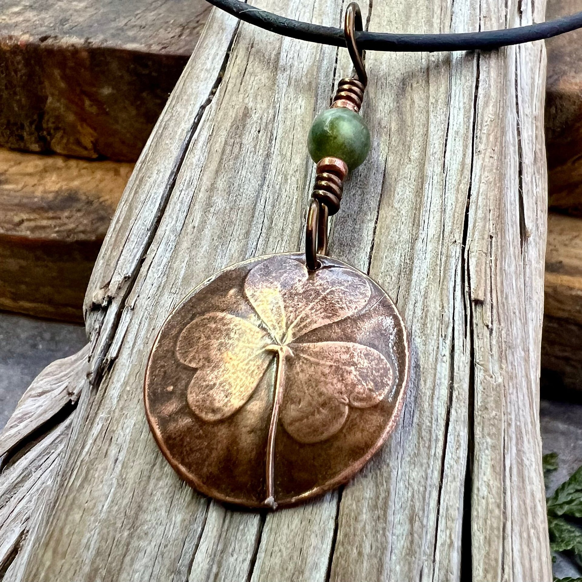 Shamrock Copper Pendant, Connemara Marble Necklace, Irish Celtic Spirals, Irish Clover, Leather Vegan Cords, Handmade in Door County WI