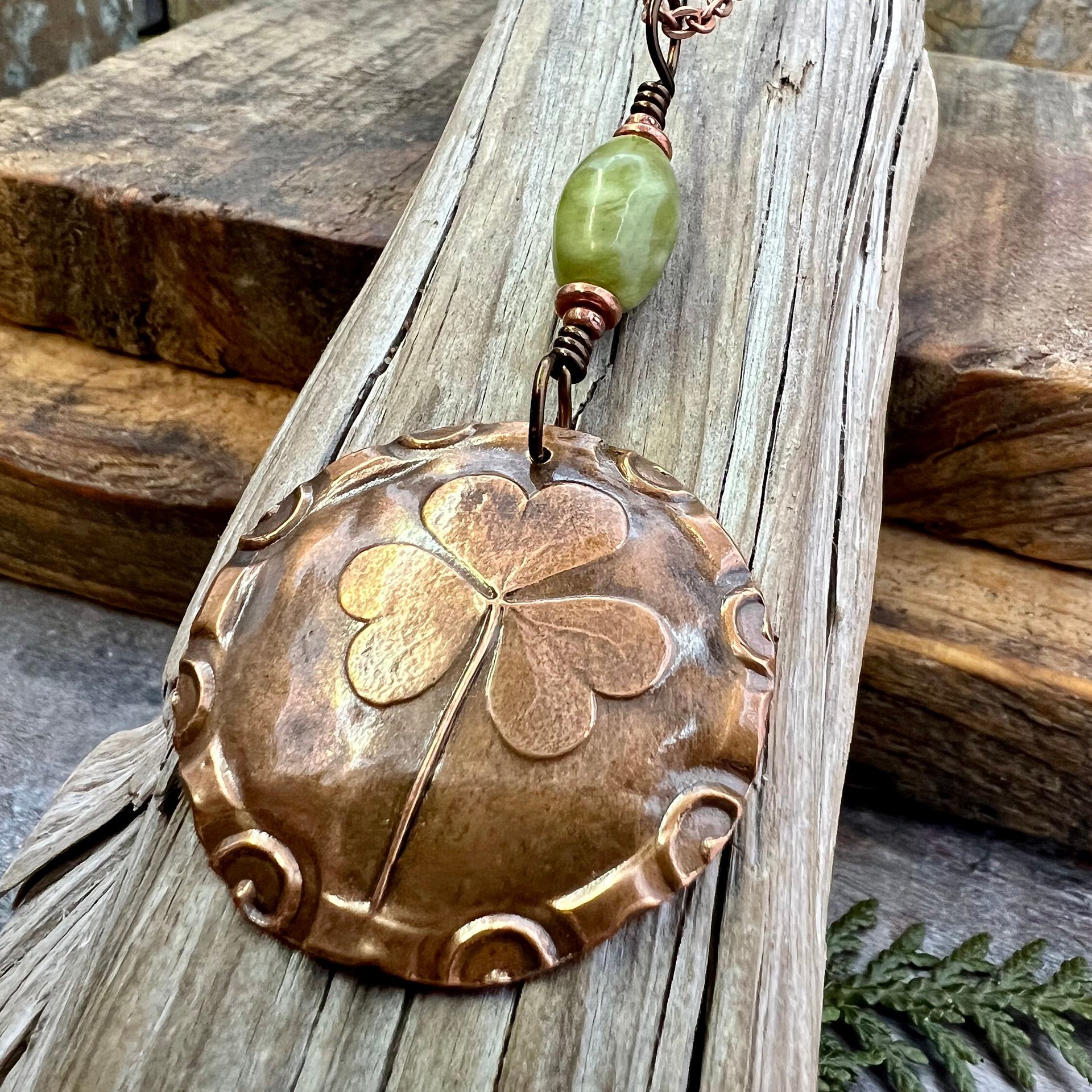 Shamrock Pendant, Connemara Marble Necklace, Irish Celtic Spirals, Copper 7th Anniversary, Irish Clover, Leather Vegan Cords, Heart Love