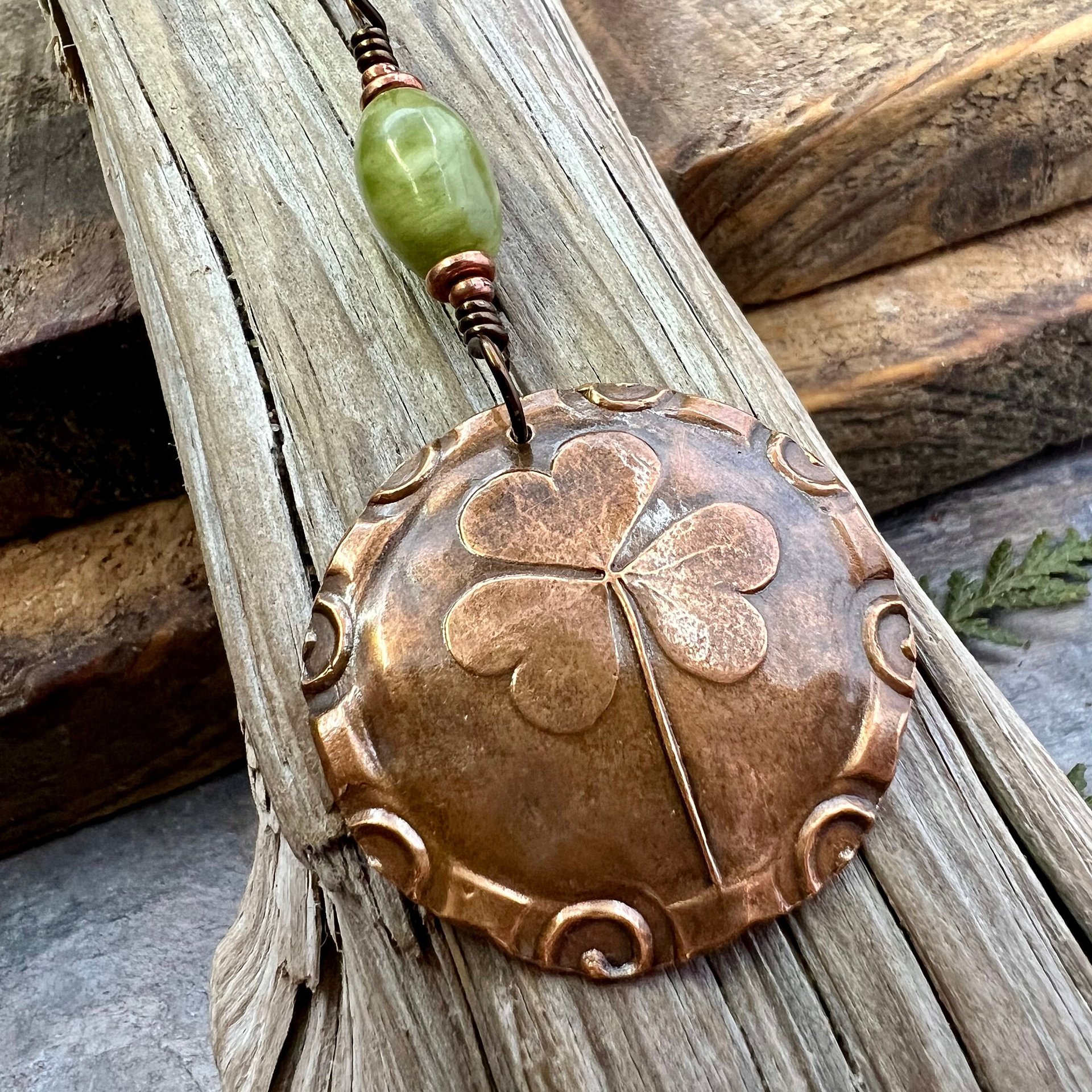 Shamrock Pendant, Connemara Marble Necklace, Irish Celtic Spirals, Copper 7th Anniversary, Irish Clover, Leather Vegan Cords, Heart Love