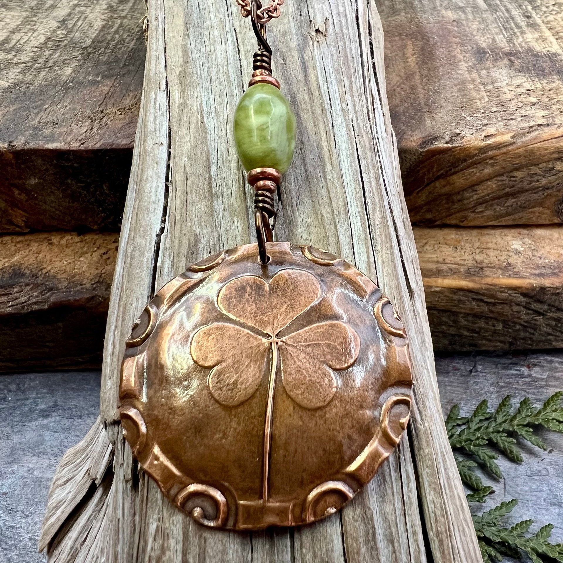 Shamrock Pendant, Connemara Marble Necklace, Irish Celtic Spirals, Copper 7th Anniversary, Irish Clover, Leather Vegan Cords, Heart Love