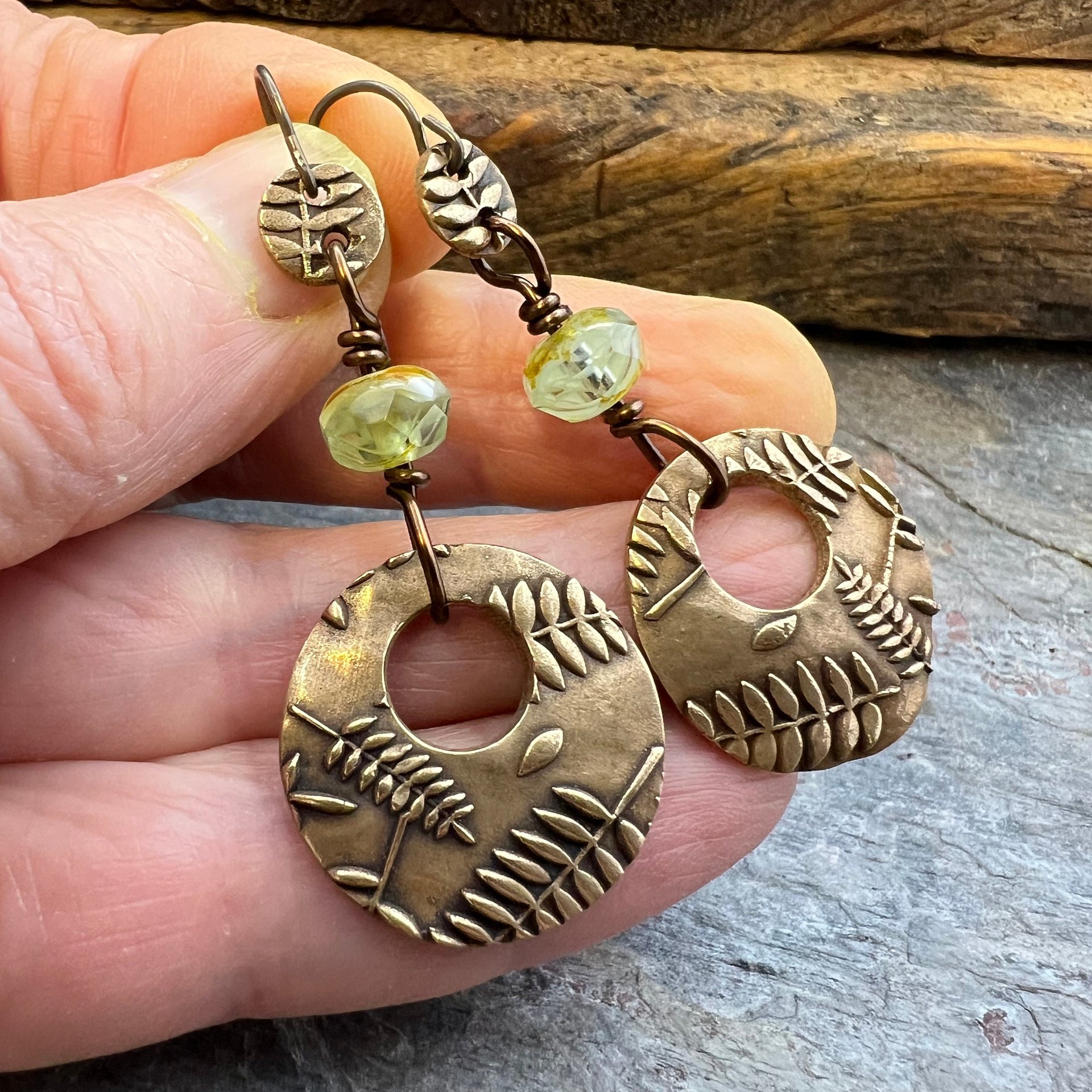 Bronze Hoops, Fern Earrings, Faceted Czech Glass, Hypoallergenic Ear Wires, Earthy Boho, Rustic Jewelry, Botanical, Two Sided Earrings