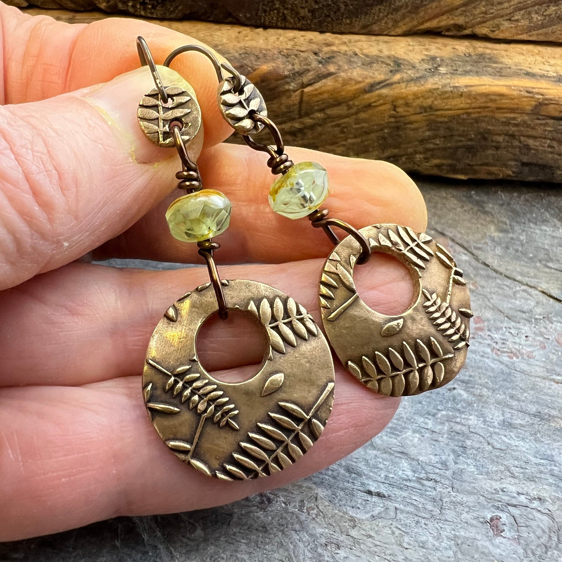 Bronze Hoops, Fern Earrings, Faceted Czech Glass, Hypoallergenic Ear Wires, Earthy Boho, Rustic Jewelry, Botanical, Two Sided Earrings