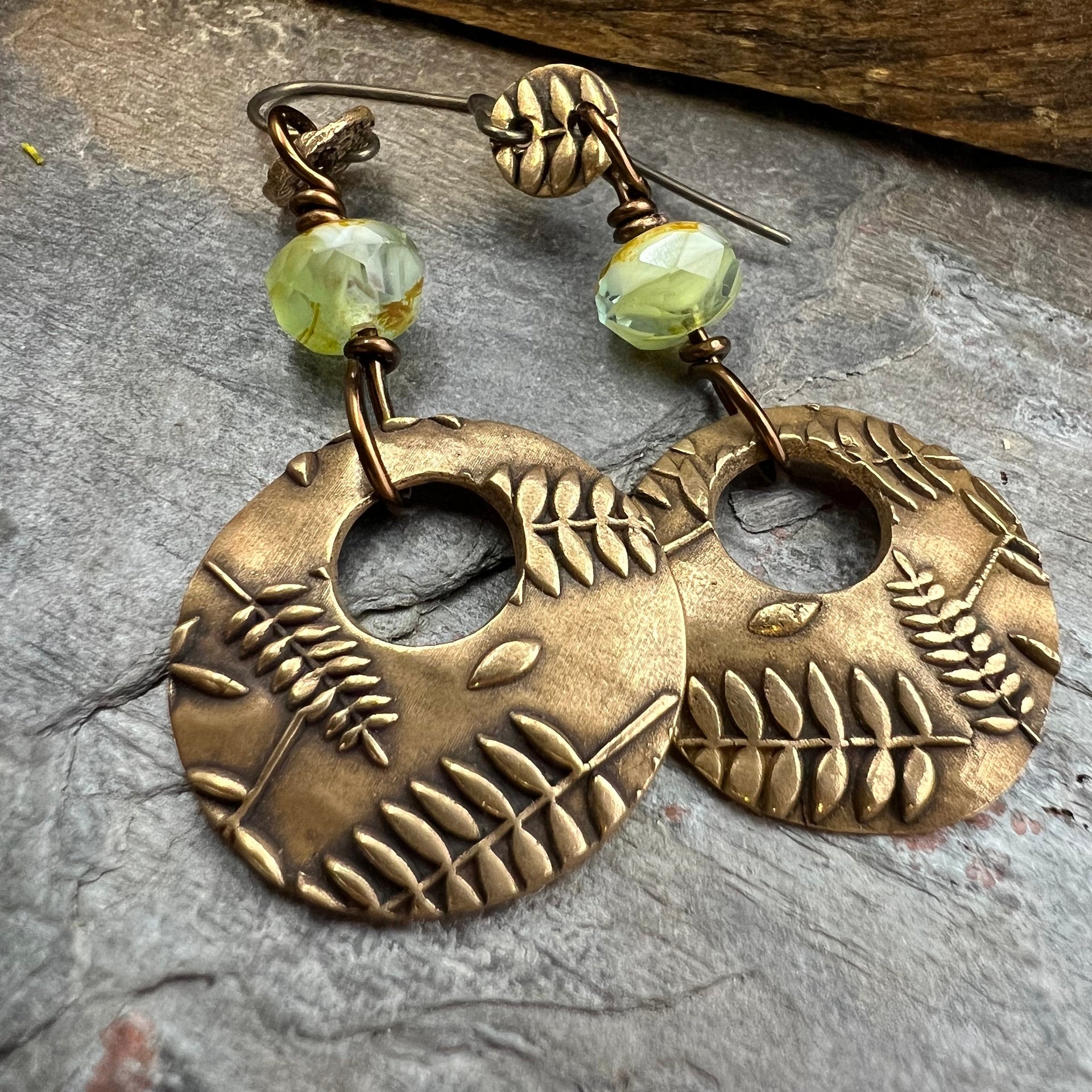 Bronze Hoops, Fern Earrings, Faceted Czech Glass, Hypoallergenic Ear Wires, Earthy Boho, Rustic Jewelry, Botanical, Two Sided Earrings