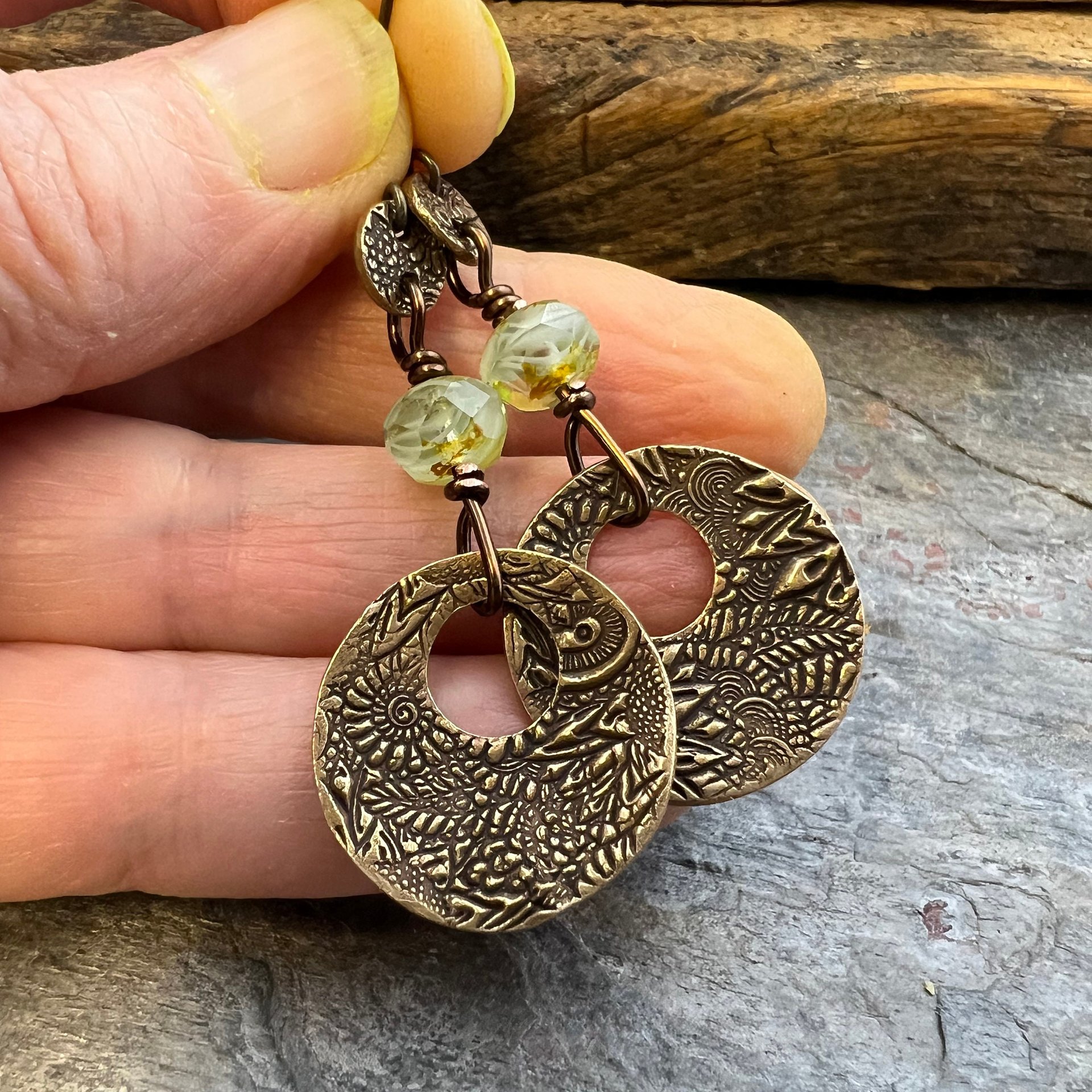 Bronze Hoops, Fern Earrings, Faceted Czech Glass, Hypoallergenic Ear Wires, Earthy Boho, Rustic Jewelry, Botanical, Two Sided Earrings