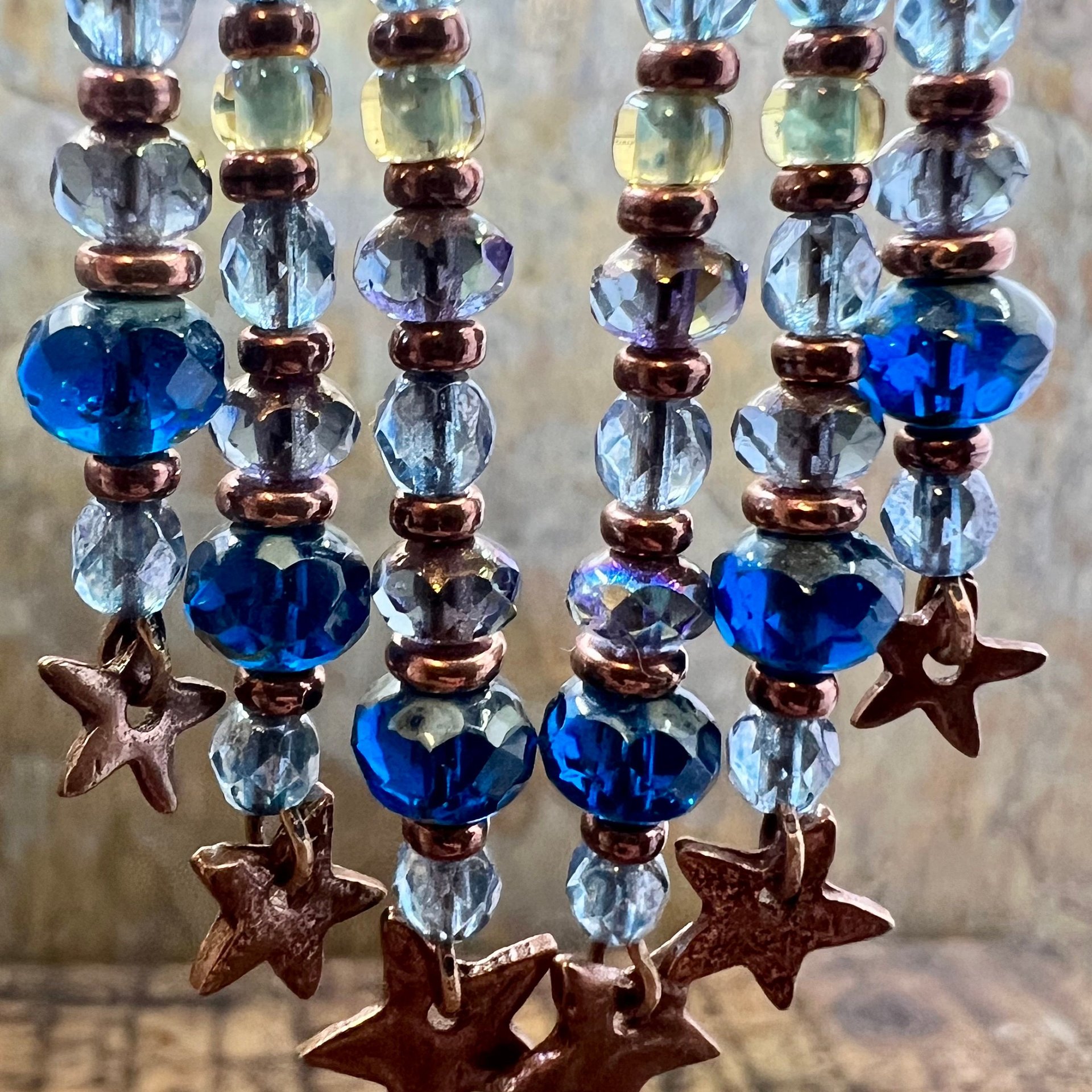 Crescent Moon & Stars, Copper Chandelier Earrings, Czech Glass Beads, Waxing Waning Moon, Moon Goddess, Pagan Wiccan, Celestial Jewelry