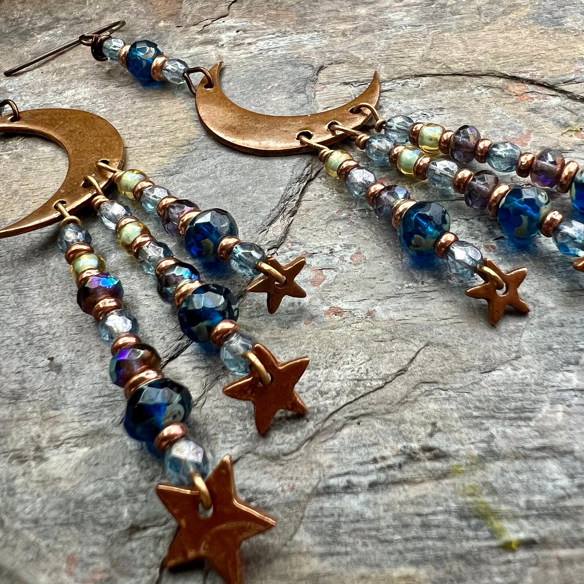 Crescent Moon & Stars, Copper Chandelier Earrings, Czech Glass Beads, Waxing Waning Moon, Moon Goddess, Pagan Wiccan, Celestial Jewelry