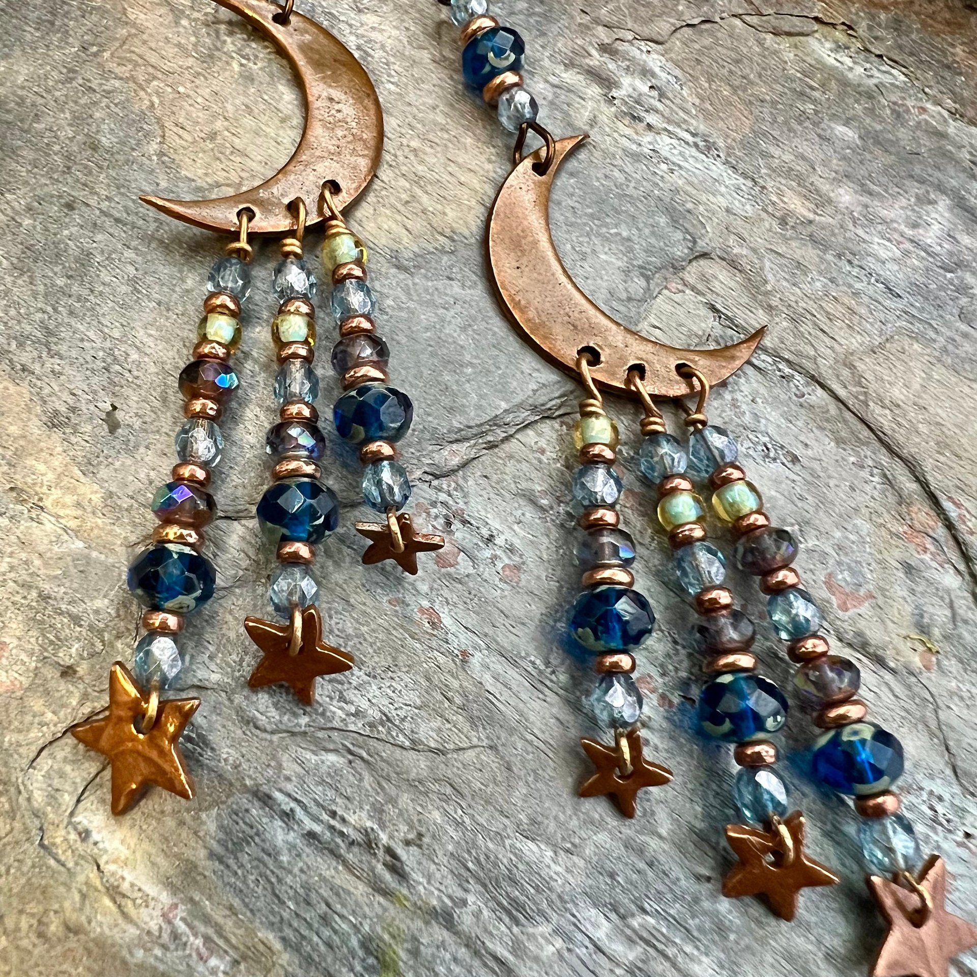 Crescent Moon & Stars, Copper Chandelier Earrings, Czech Glass Beads, Waxing Waning Moon, Moon Goddess, Pagan Wiccan, Celestial Jewelry
