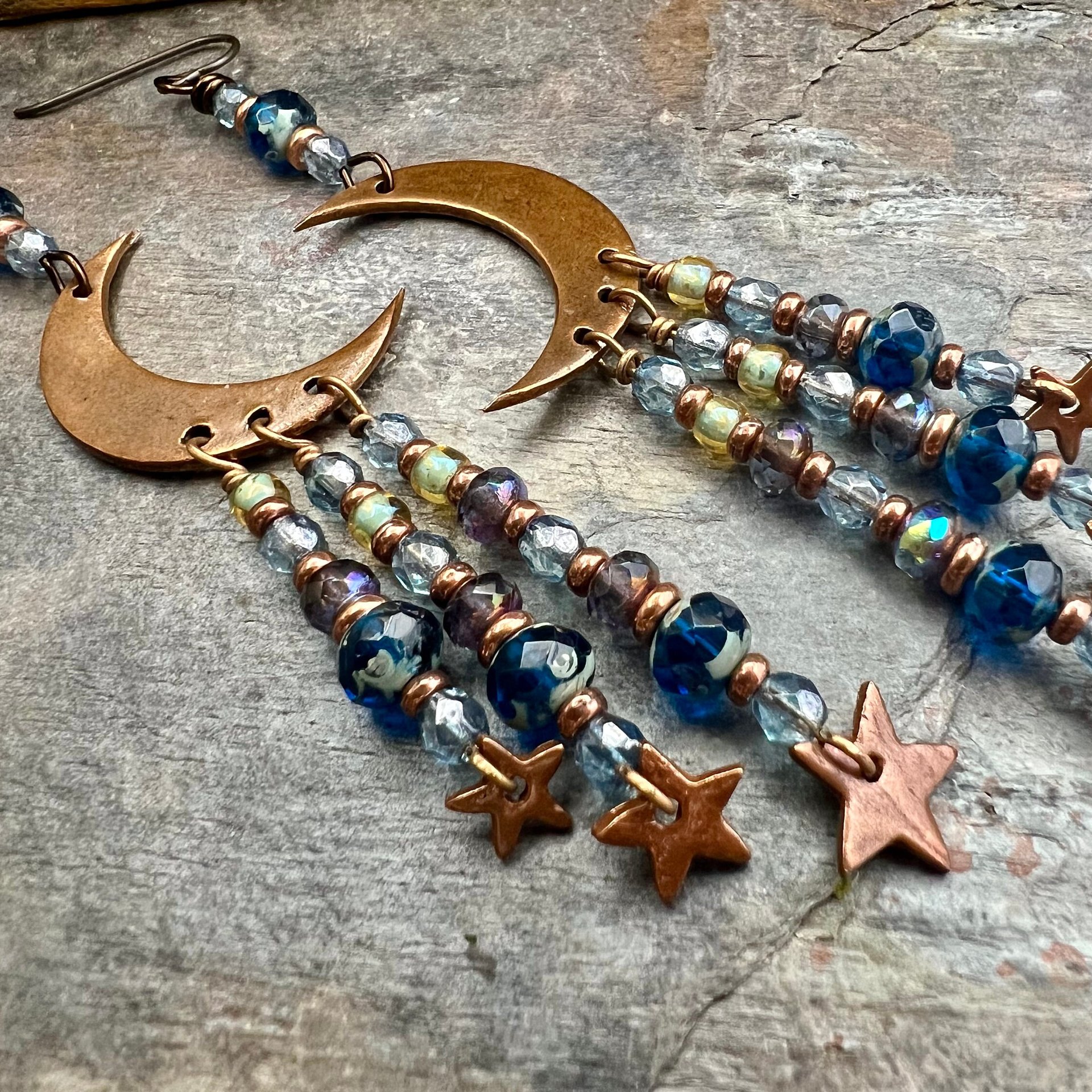Crescent Moon & Stars, Copper Chandelier Earrings, Czech Glass Beads, Waxing Waning Moon, Moon Goddess, Pagan Wiccan, Celestial Jewelry