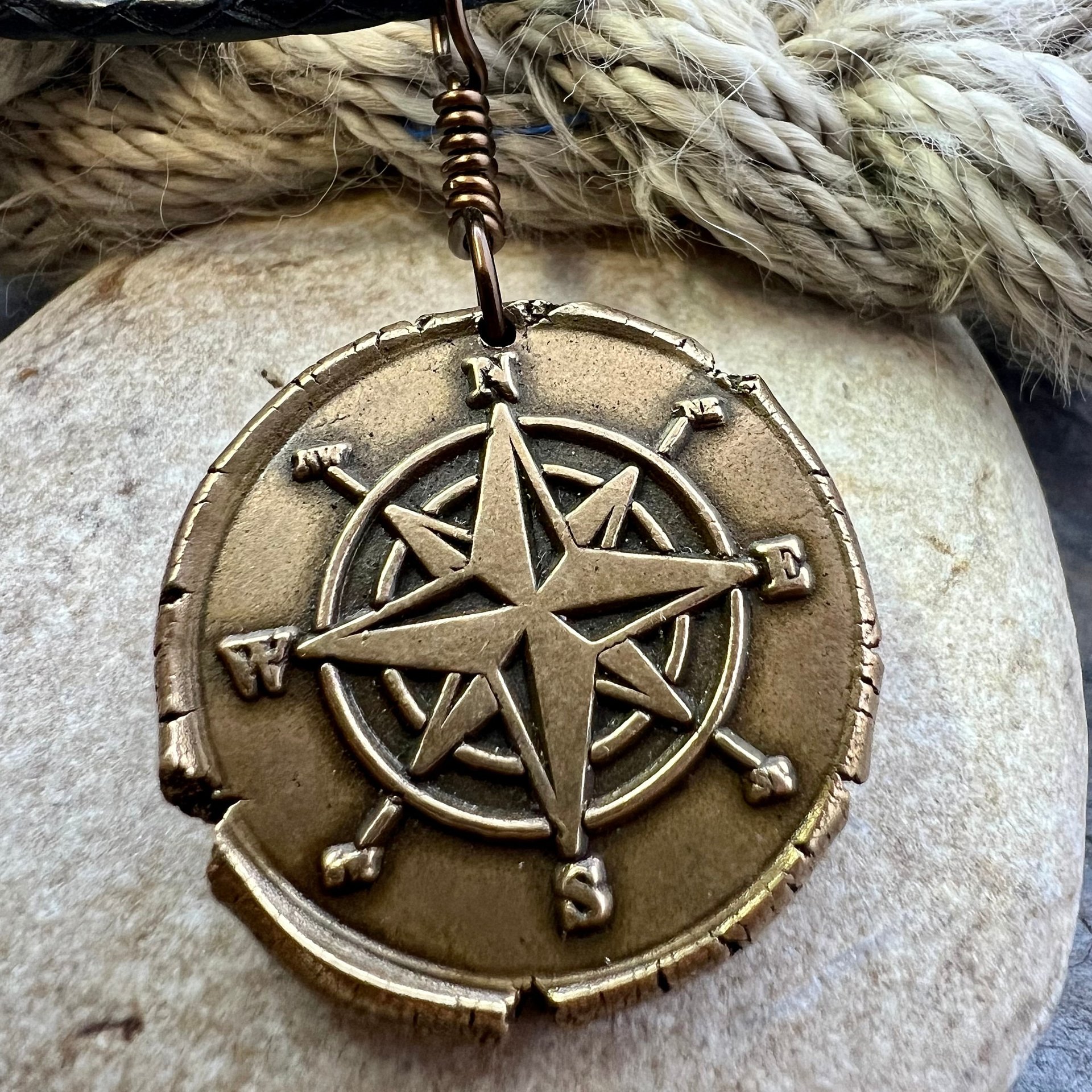 Compass Rose Charm, Bronze Compass Necklace, Nautical Sailing Sea, Protection Guidance Talisman, Men's Unisex Jewelry, Rustic Seaworn