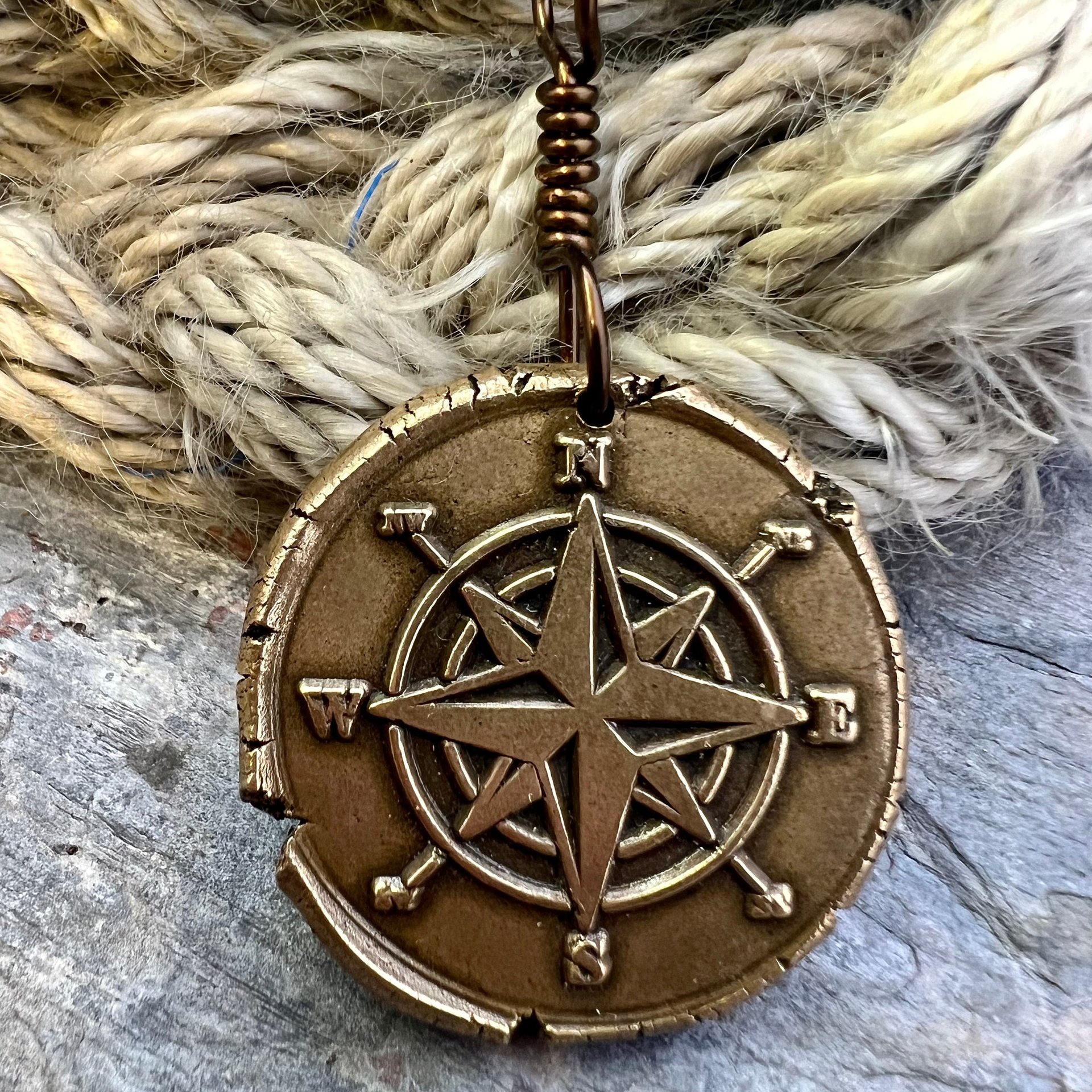 Compass Rose Charm, Bronze Compass Necklace, Nautical Sailing Sea, Protection Guidance Talisman, Men's Unisex Jewelry, Rustic Seaworn