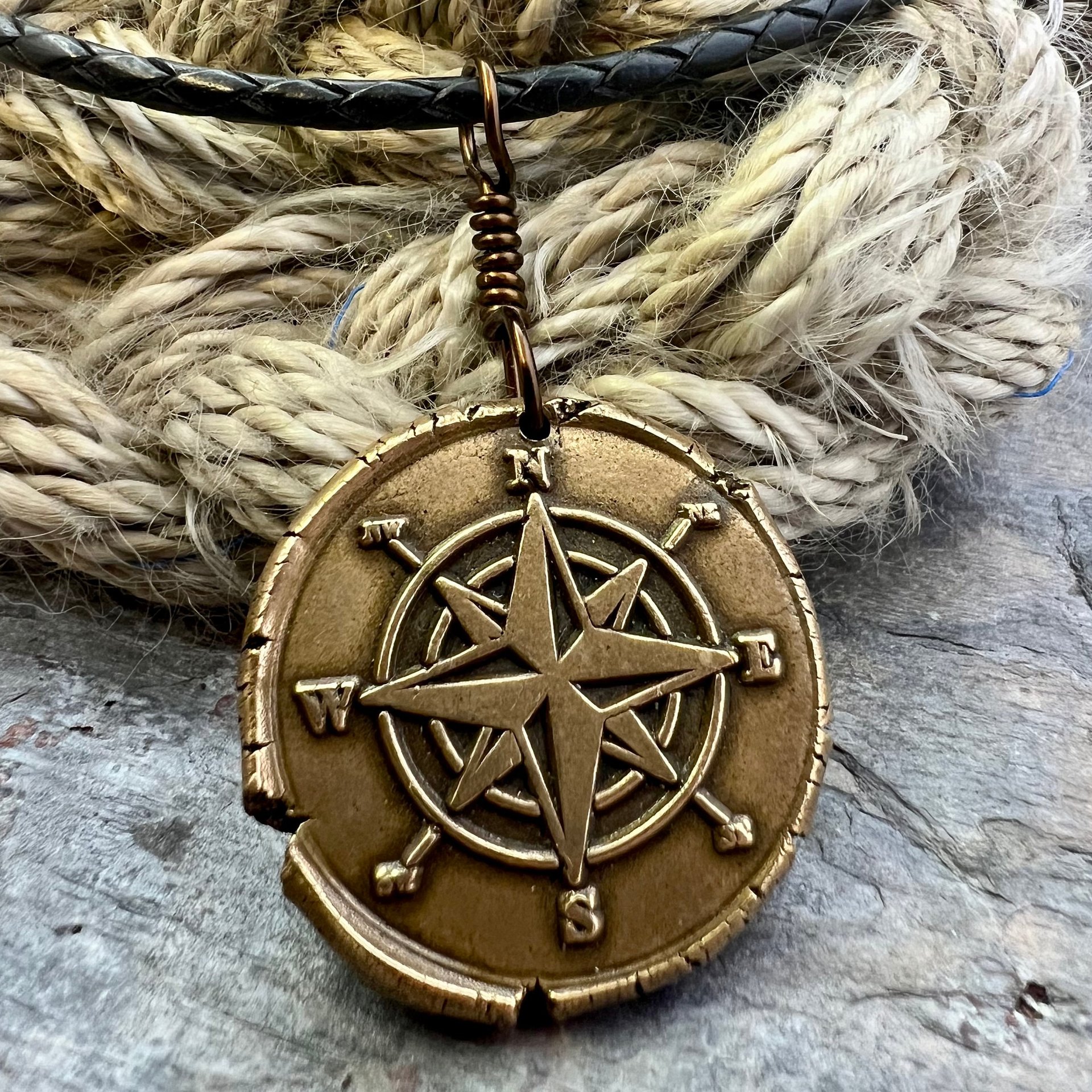 Compass Rose Charm, Bronze Compass Necklace, Nautical Sailing Sea, Protection Guidance Talisman, Men's Unisex Jewelry, Rustic Seaworn
