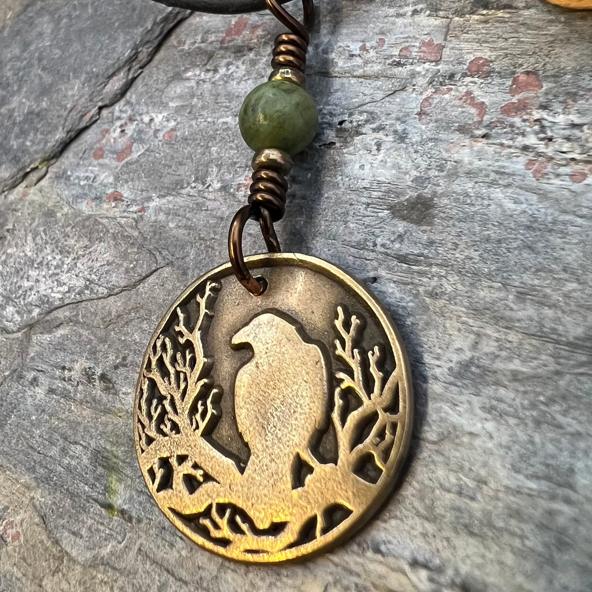 Raven Charm, Bronze Necklace, Tree Branch Bird, Connemara Marble, Irish Celtic Jewelry, Crow Blackbird, Disc Charm, Pagan Wicca Pendant