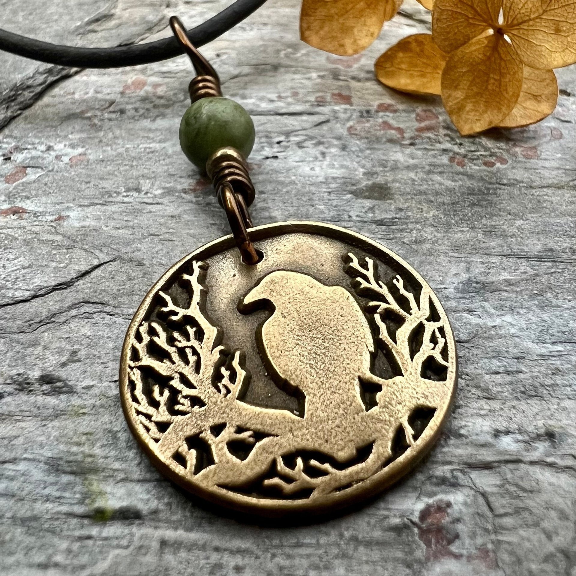 Raven Charm, Bronze Necklace, Tree Branch Bird, Connemara Marble, Irish Celtic Jewelry, Crow Blackbird, Disc Charm, Pagan Wicca Pendant