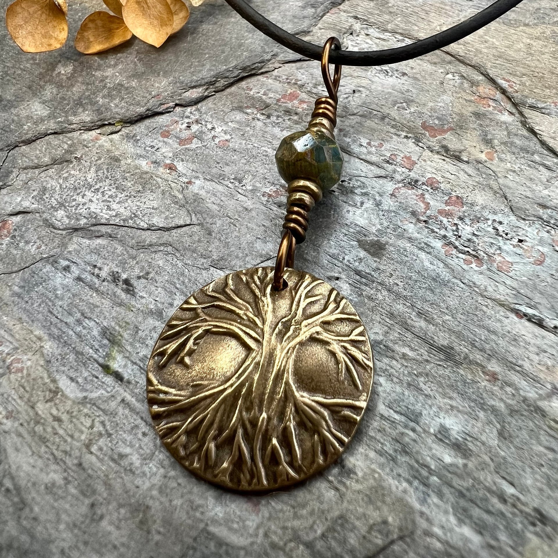Tree of Life Charm, Bronze Necklace, Tree Branches, Czech Glass Bead, Disc Charm Pendant, Hand Carved, Celtic Witch, Pagan Druid, Earth Love