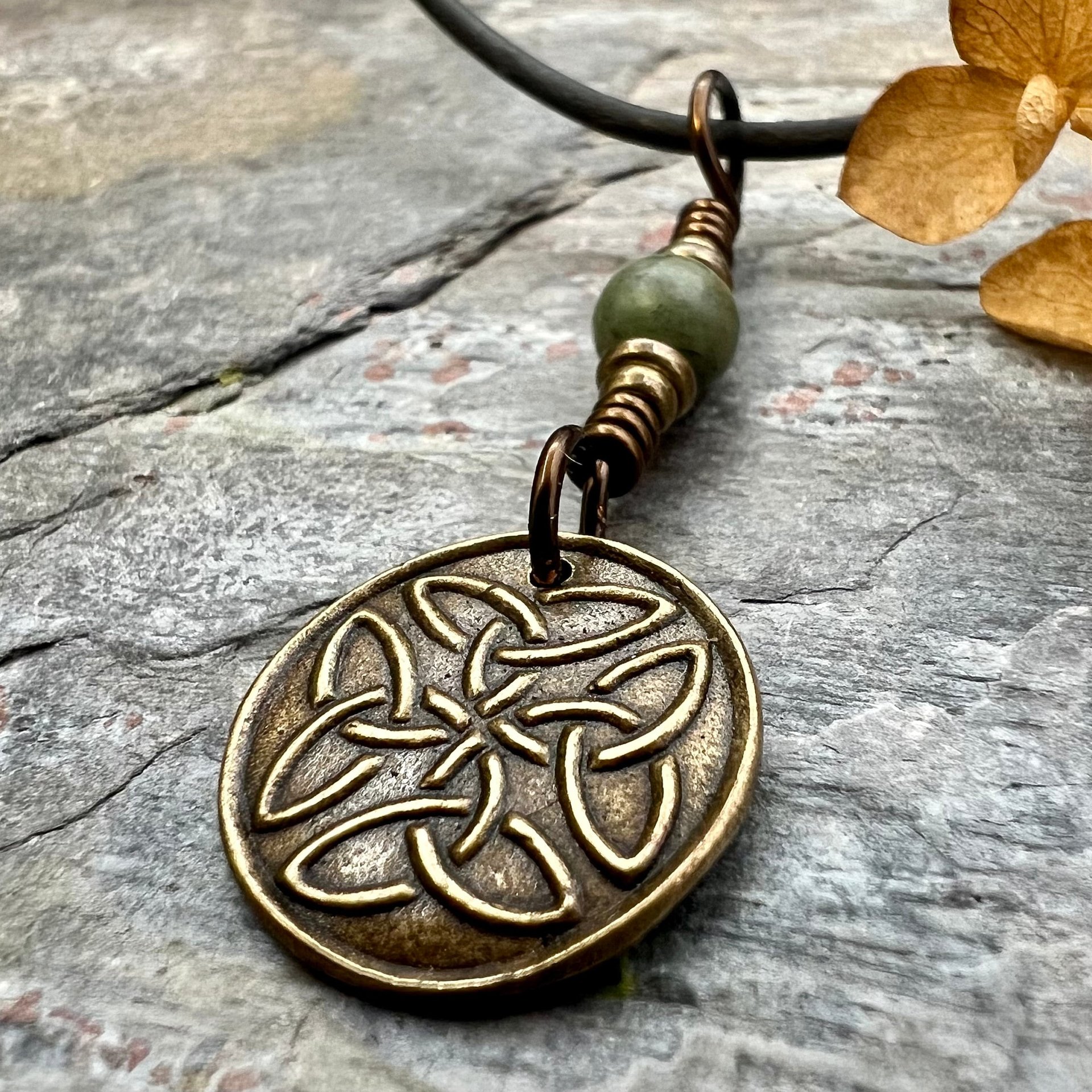 Bronze Trinity Knot, Triquetra, Wax Seal Charm, Connemara Marble, Irish Celtic Jewelry, Pagan, 8th Anniversary, Triple Goddess, Celtic Witch