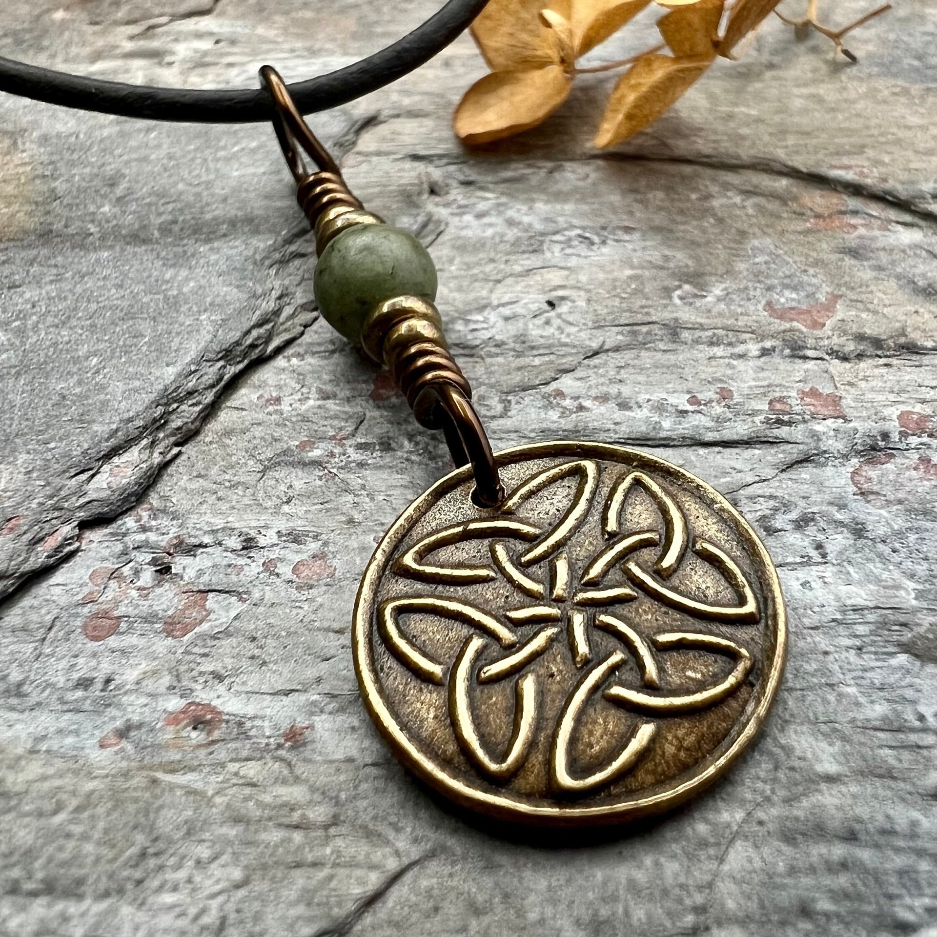 Bronze Trinity Knot, Triquetra, Wax Seal Charm, Connemara Marble, Irish Celtic Jewelry, Pagan, 8th Anniversary, Triple Goddess, Celtic Witch