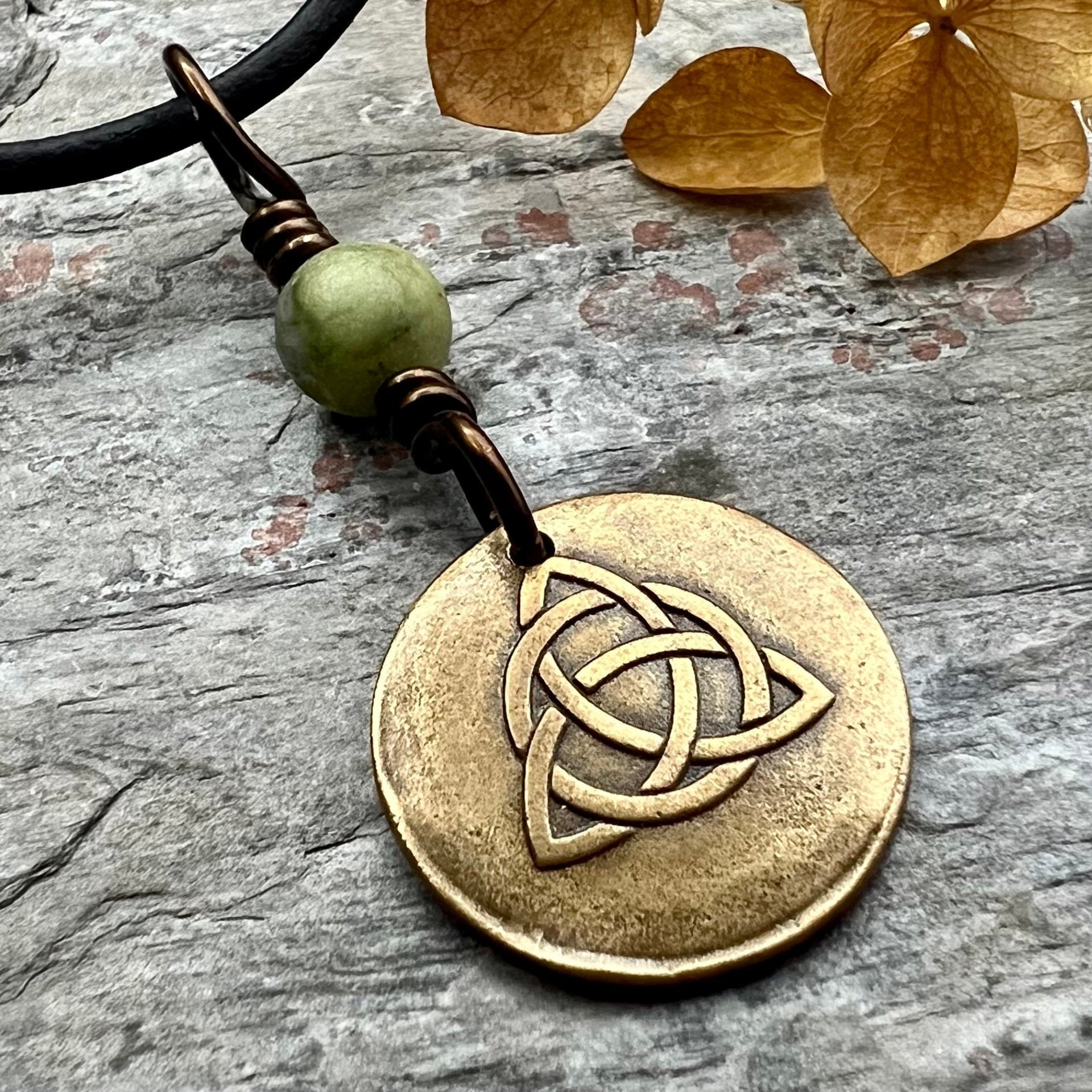 Bronze Trinity Knot, Triquetra, Wax Seal Charm, Connemara Marble, Irish Celtic Jewelry, Pagan, 8th Anniversary, Triple Goddess, Celtic Witch