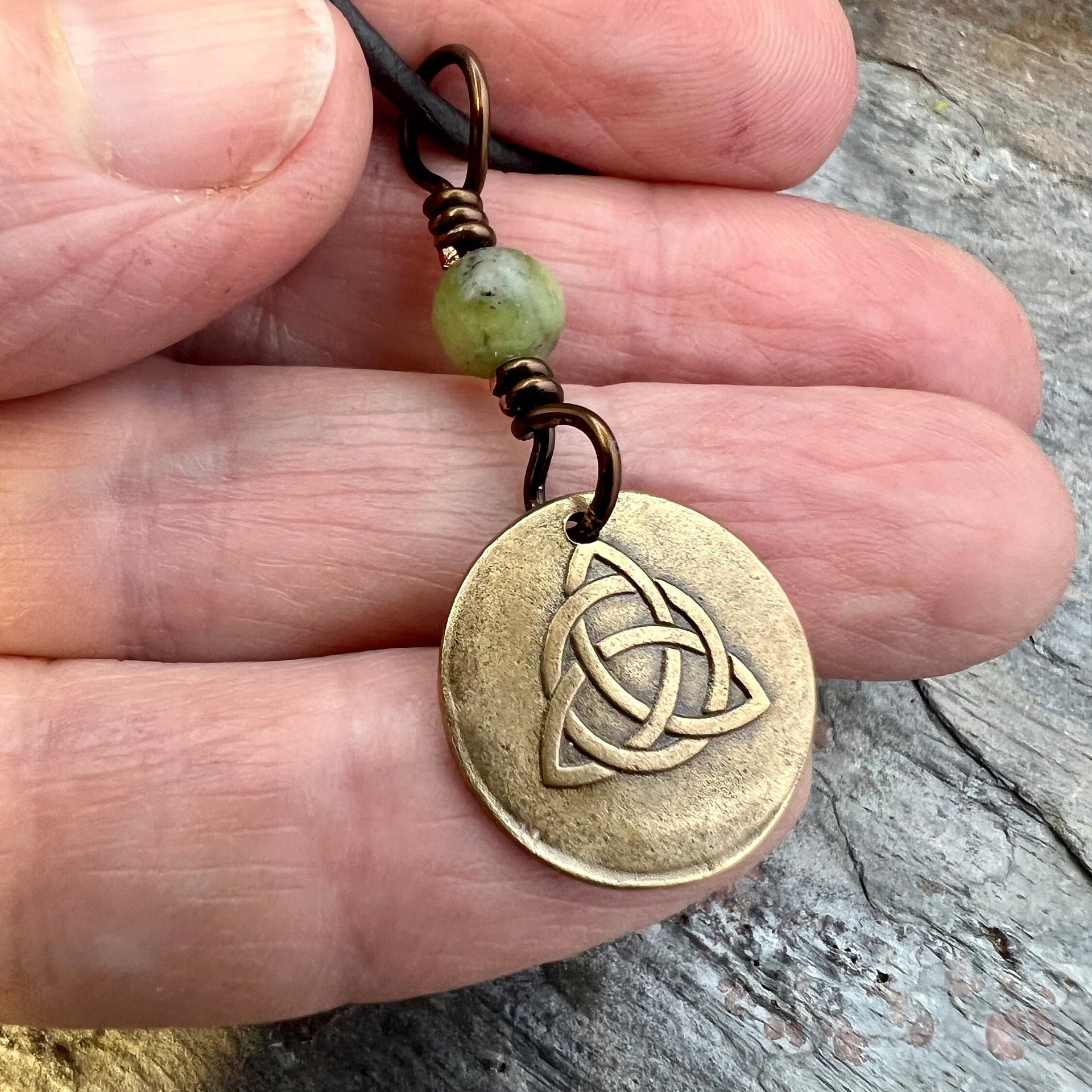 Bronze Trinity Knot, Triquetra, Wax Seal Charm, Connemara Marble, Irish Celtic Jewelry, Pagan, 8th Anniversary, Triple Goddess, Celtic Witch