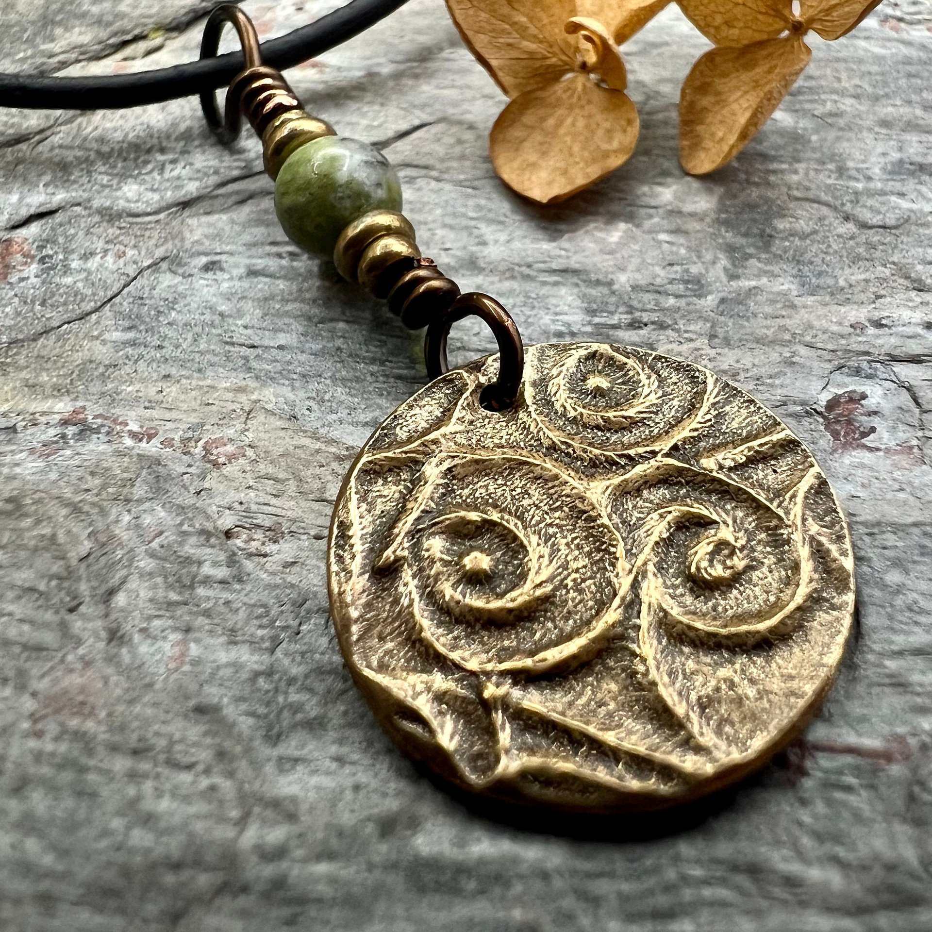 Celtic Knot Charm, Bronze Necklace, Wax Seal Charm, Connemara Marble, Irish Celtic Jewelry, Pagan, 8th Anniversary, Celtic Witch, Intertwine