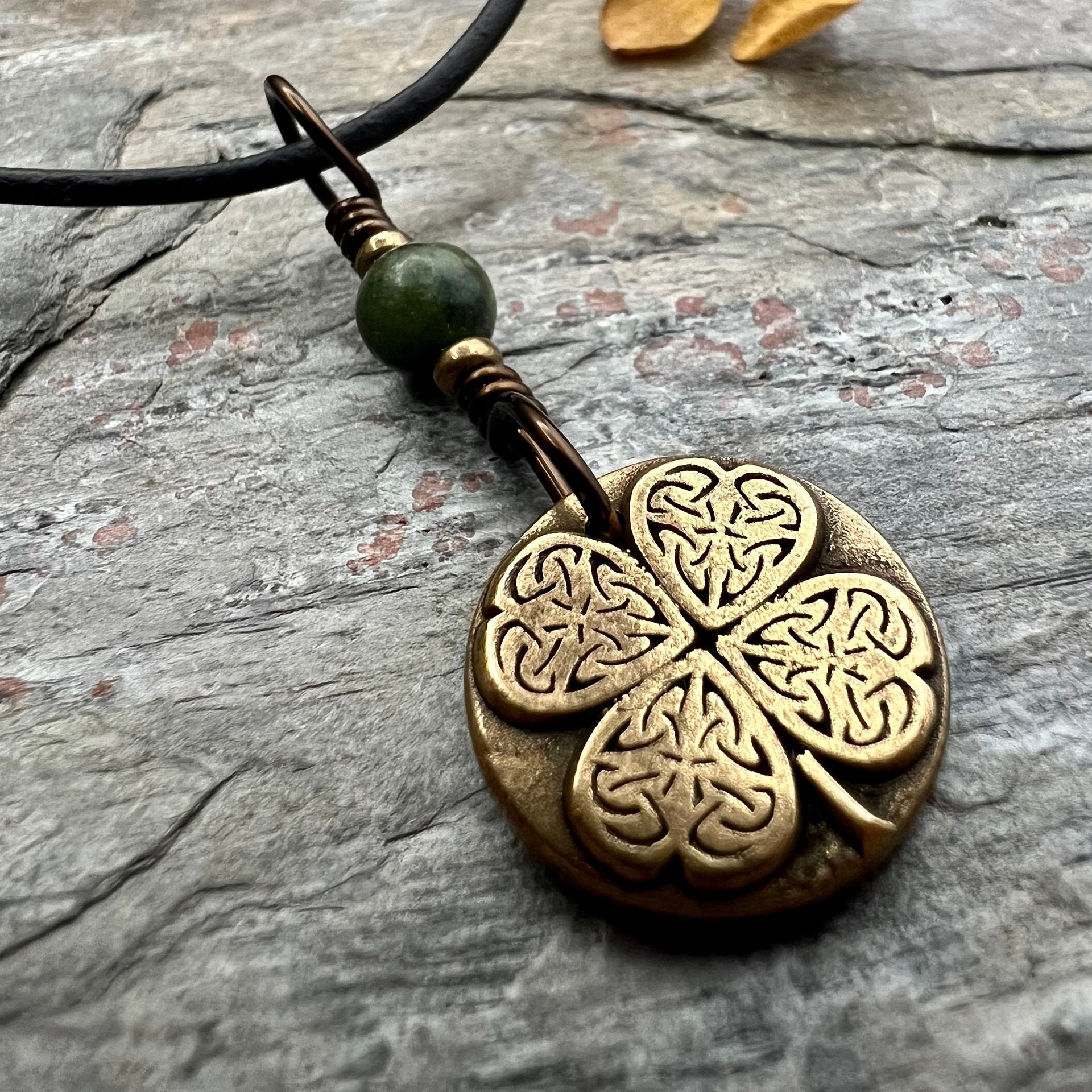Four Leaf Clover, Bronze Necklace, Wax Seal Charm, Connemara Marble, Irish Celtic Jewelry, Lucky Charm, Celtic Witch, Irish Shamrock Luck