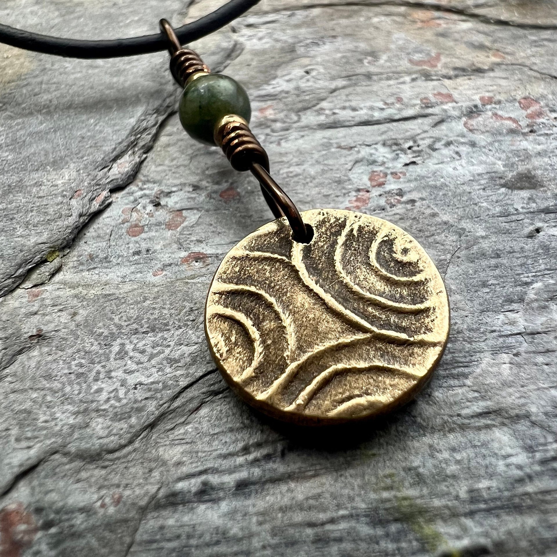 Four Leaf Clover, Bronze Necklace, Wax Seal Charm, Connemara Marble, Irish Celtic Jewelry, Lucky Charm, Celtic Witch, Irish Shamrock Luck