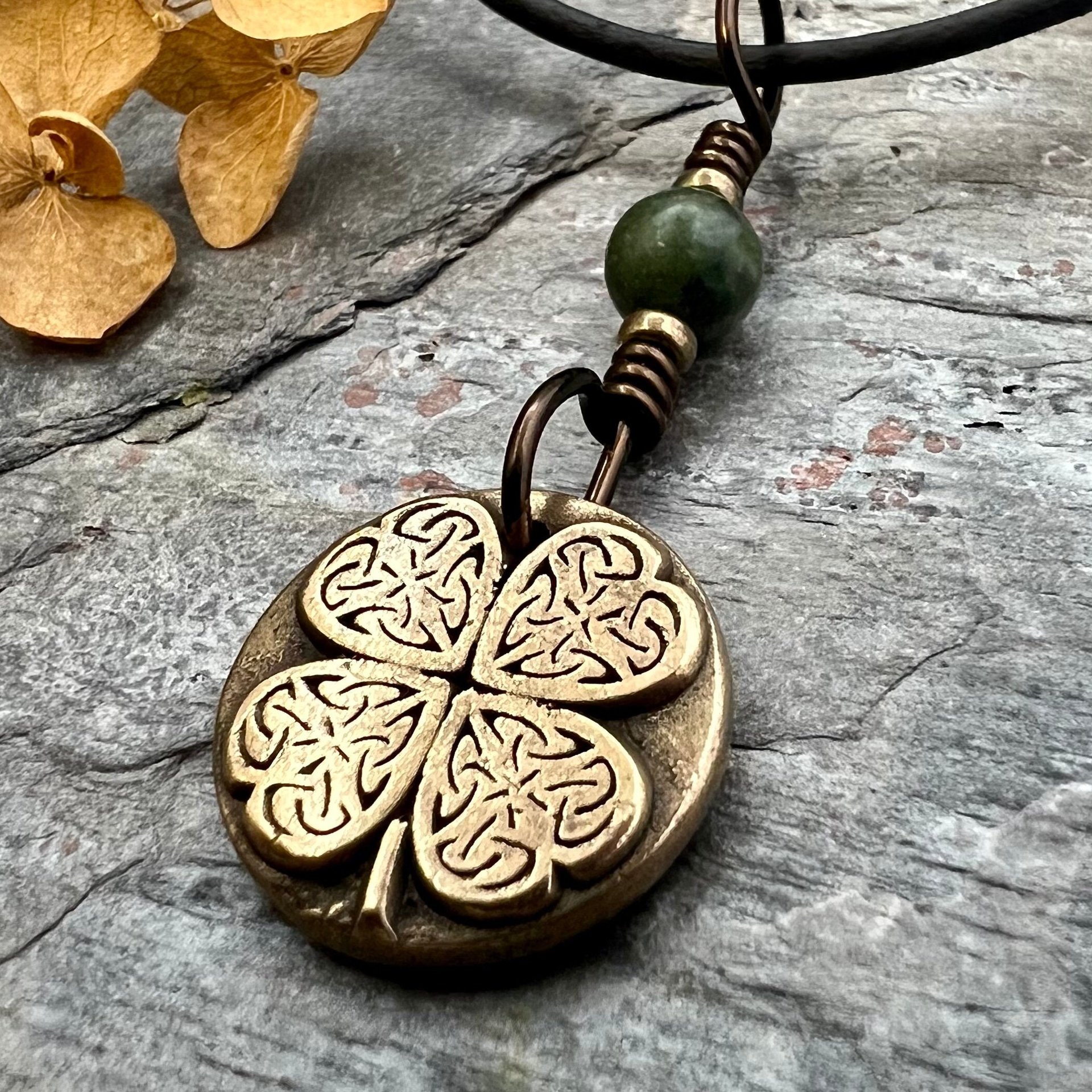 Four Leaf Clover, Bronze Necklace, Wax Seal Charm, Connemara Marble, Irish Celtic Jewelry, Lucky Charm, Celtic Witch, Irish Shamrock Luck