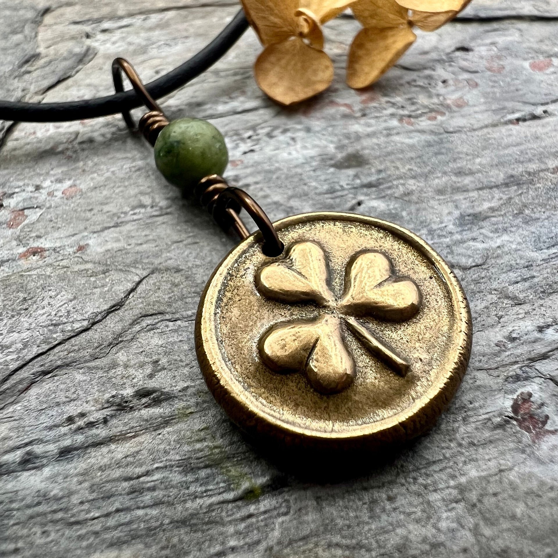 Shamrock Clover Charm, Bronze Wax Seal Charm, Connemara Marble, Irish Celtic Jewelry, Leather & Vegan Cords, Handmade, Soul Harbor Jewelry