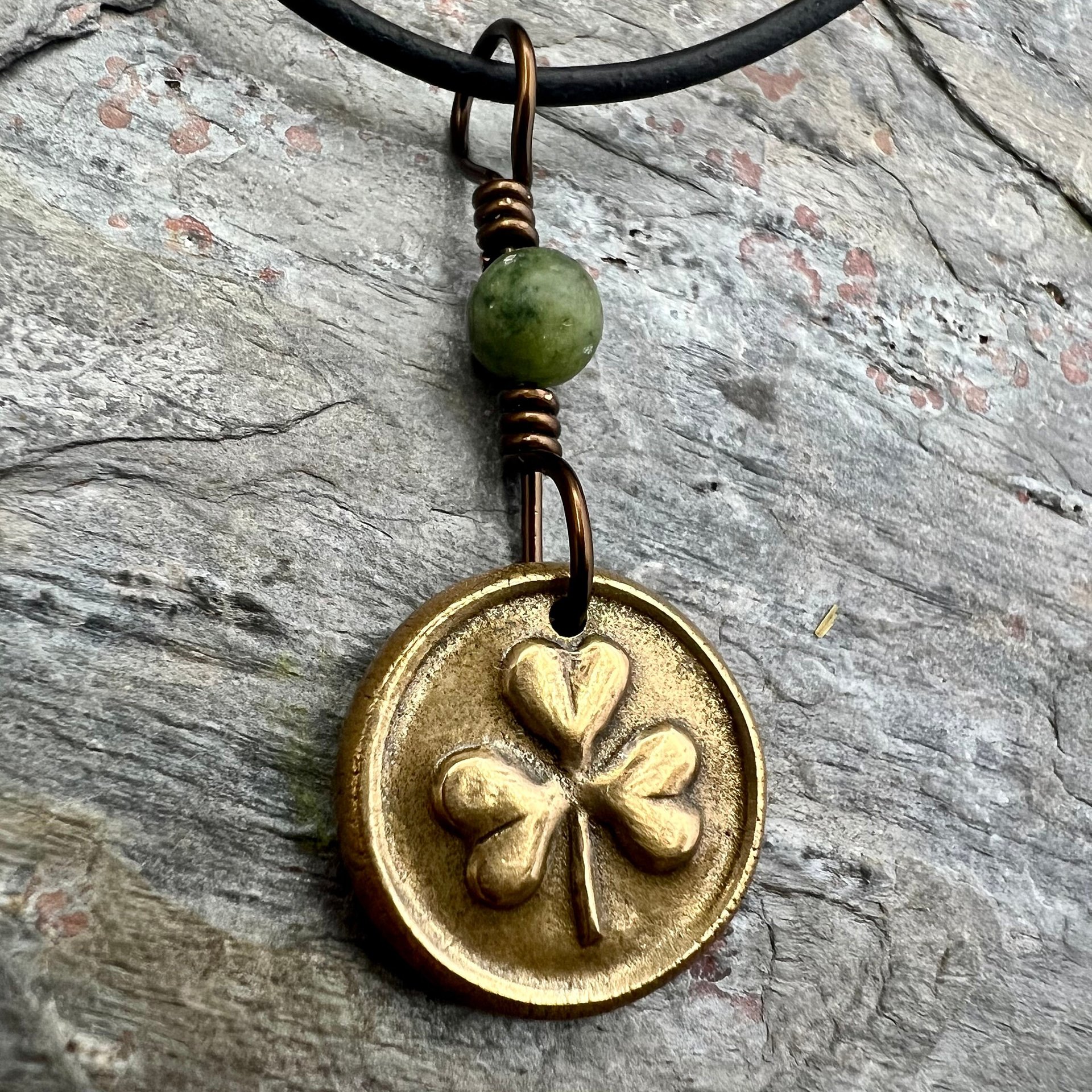 Shamrock Clover Charm, Bronze Wax Seal Charm, Connemara Marble, Irish Celtic Jewelry, Leather & Vegan Cords, Handmade, Soul Harbor Jewelry