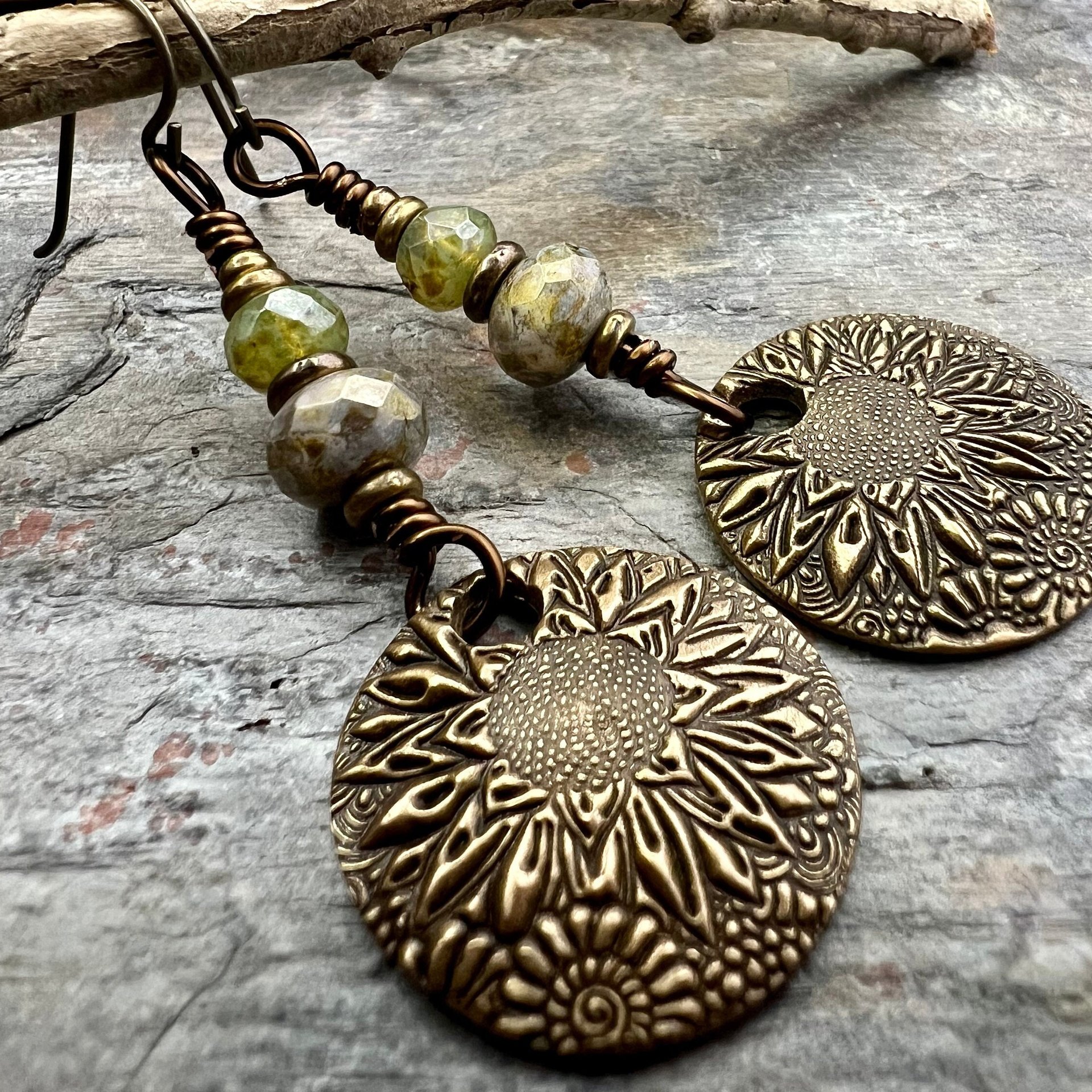 Sunflower Earrings, Bronze Discs, Czech Glass, Hypoallergenic Ear Wires, Boho Earthy, Rustic Organic Jewelry, Green Witch, Everyday Wear