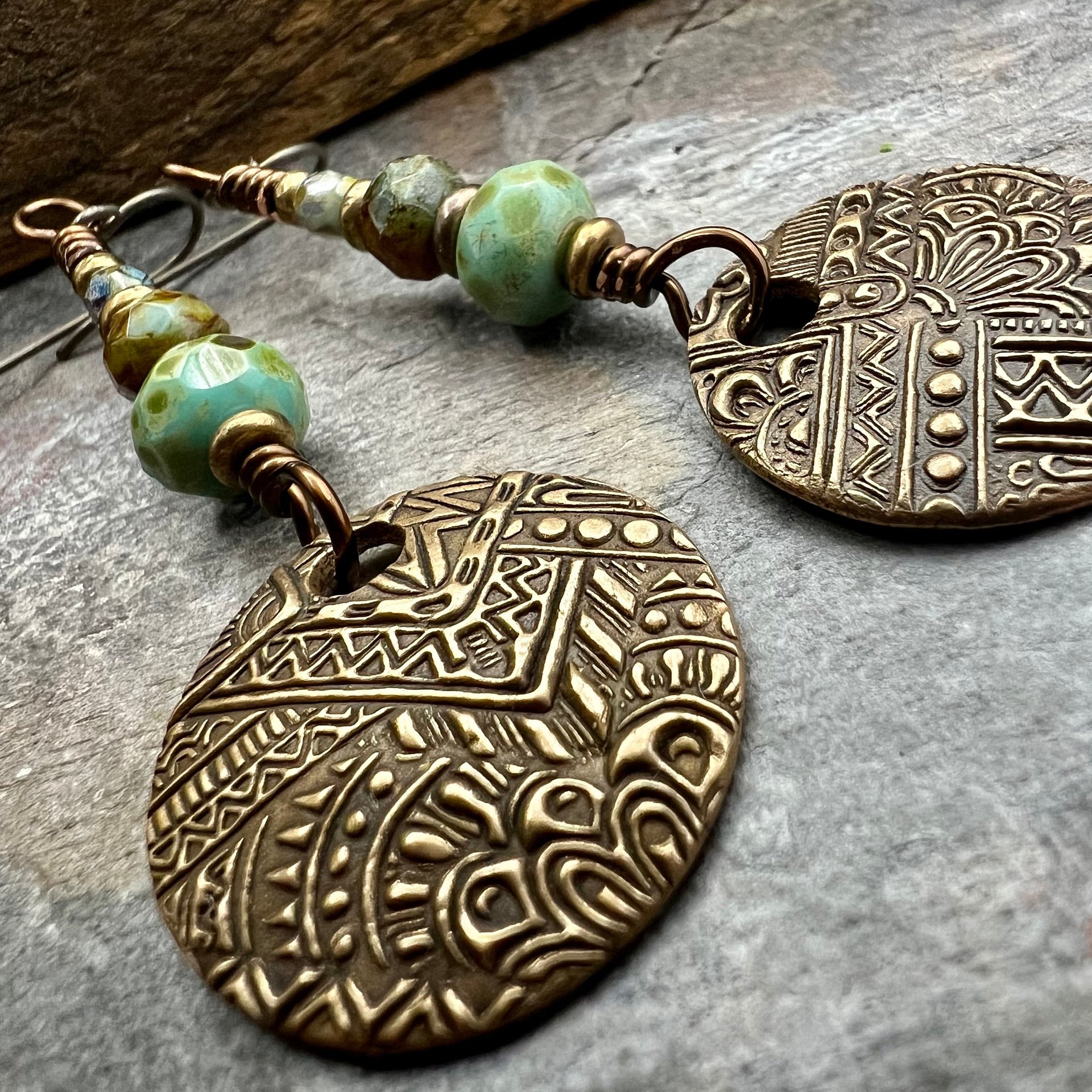 Bronze Disc Earrings, Faceted Czech Glass, Hypoallergenic, Niobium Ear Wires, Earthy Boho Jewelry, Rustic Tribal Textured, Domed Round