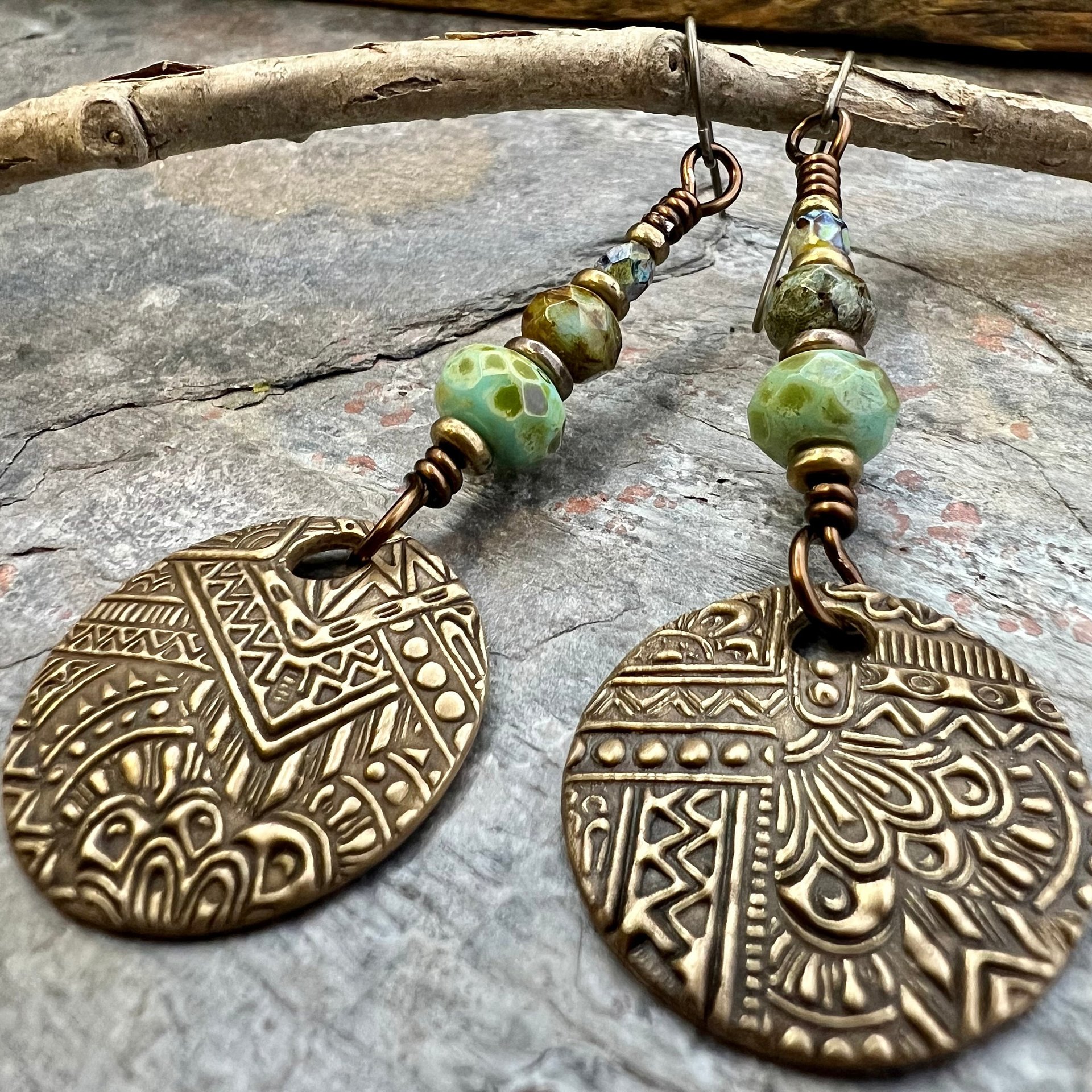 Bronze Disc Earrings, Faceted Czech Glass, Hypoallergenic, Niobium Ear Wires, Earthy Boho Jewelry, Rustic Tribal Textured, Domed Round