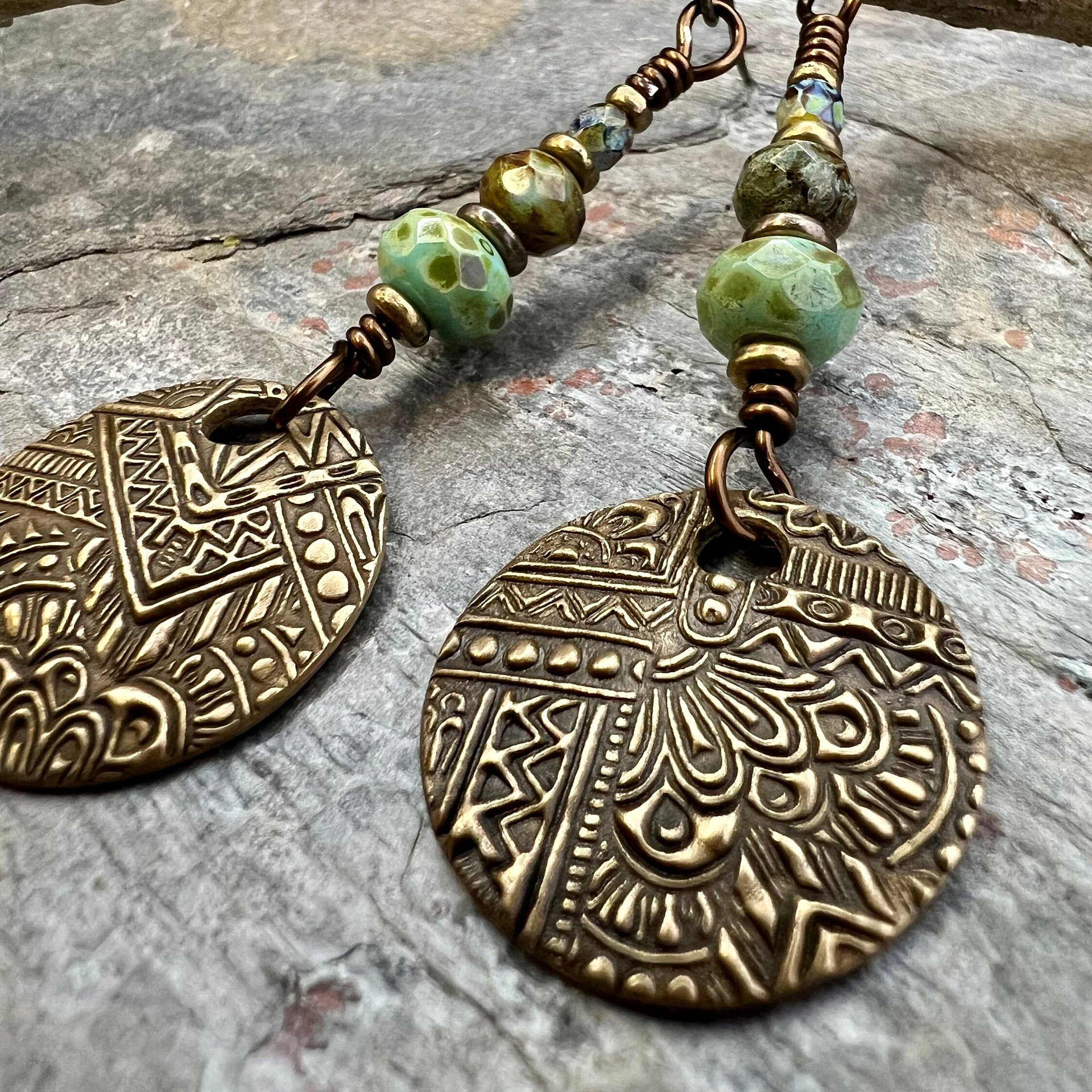 Bronze Disc Earrings, Faceted Czech Glass, Hypoallergenic, Niobium Ear Wires, Earthy Boho Jewelry, Rustic Tribal Textured, Domed Round