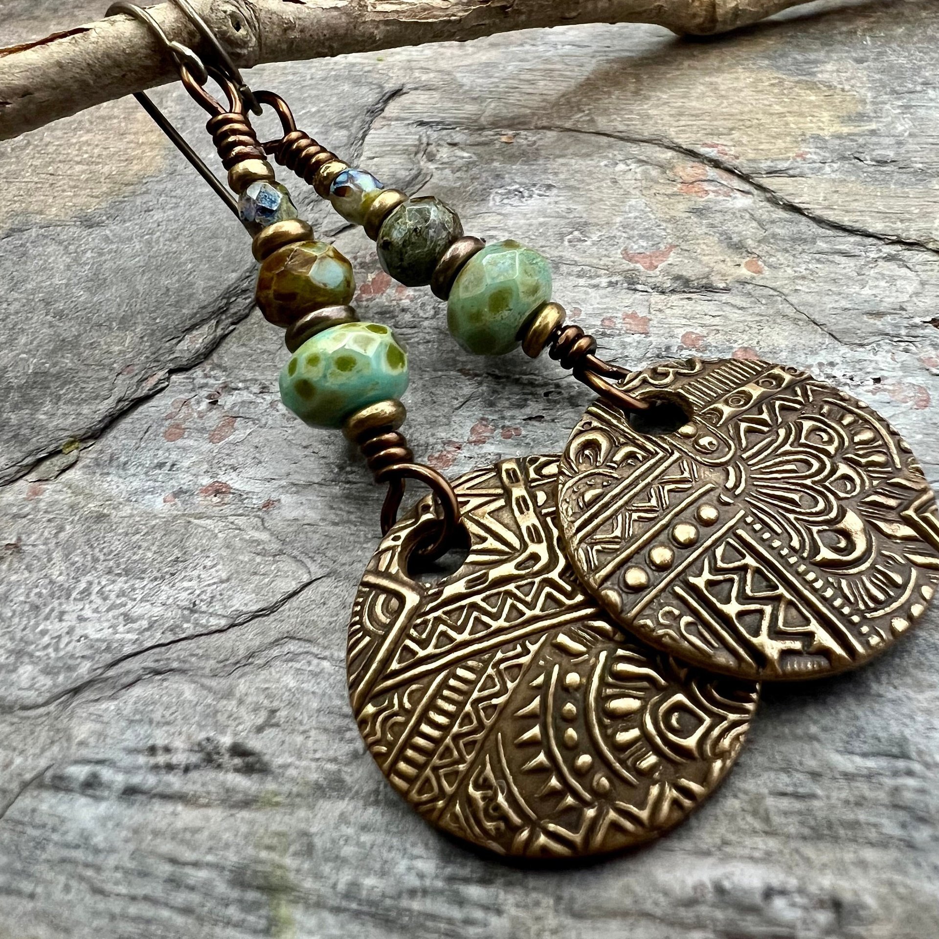 Bronze Disc Earrings, Faceted Czech Glass, Hypoallergenic, Niobium Ear Wires, Earthy Boho Jewelry, Rustic Tribal Textured, Domed Round