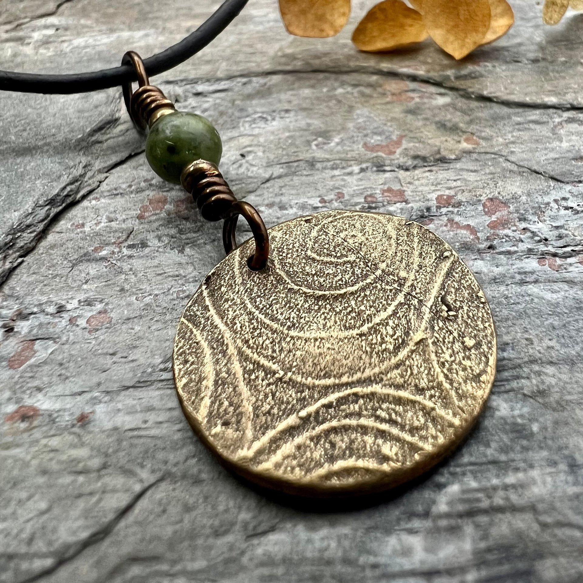 Raven Charm, Bronze Necklace, Tree Branch Bird, Connemara Marble, Irish Celtic Jewelry, Crow Blackbird, Disc Charm, Pagan Wicca Pendant